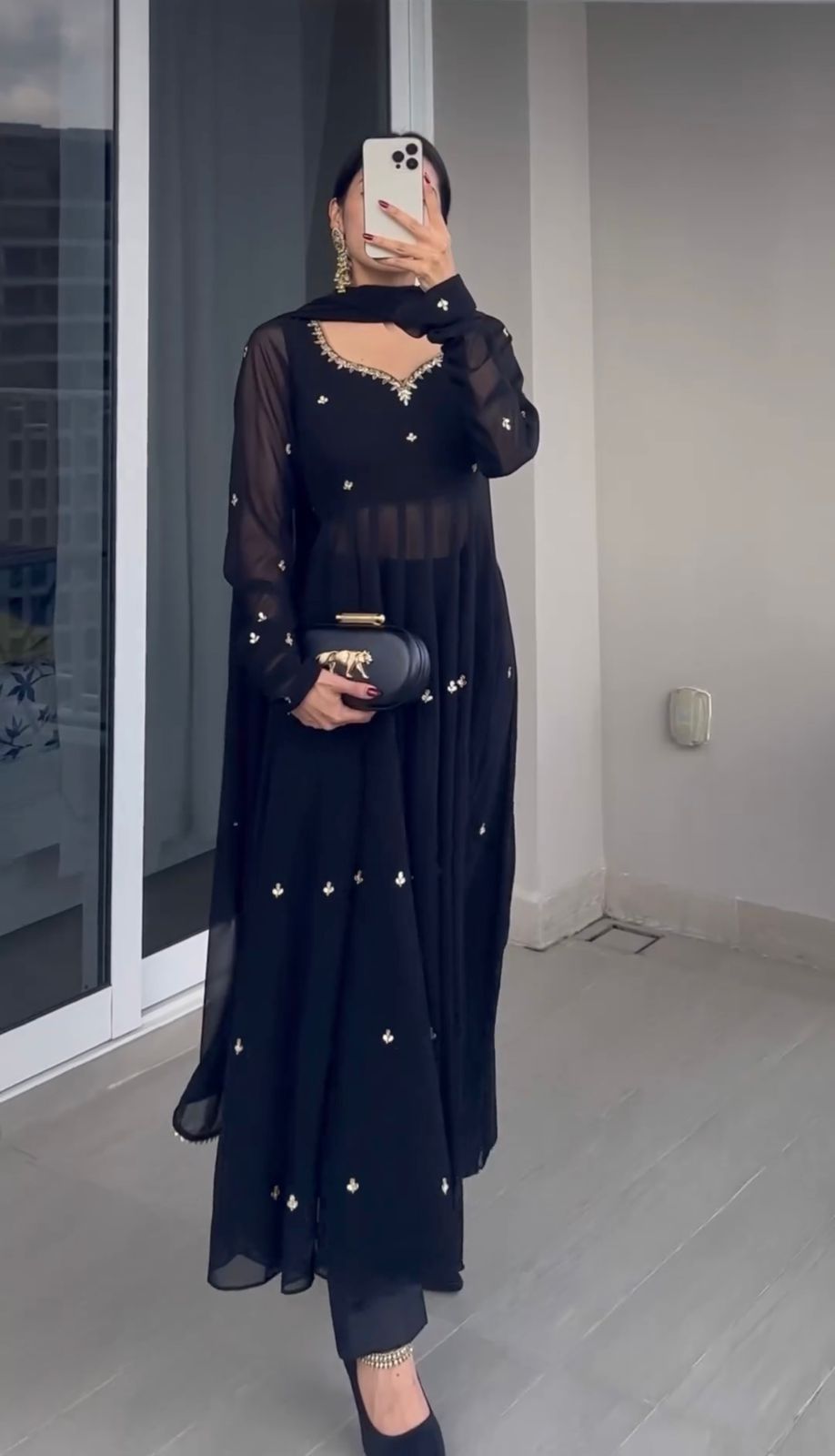 Black Color Georgette Thread Work Anarkali Gown