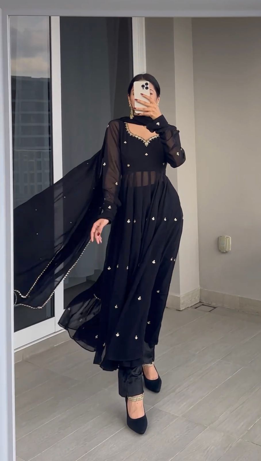 Black Color Georgette Thread Work Anarkali Gown