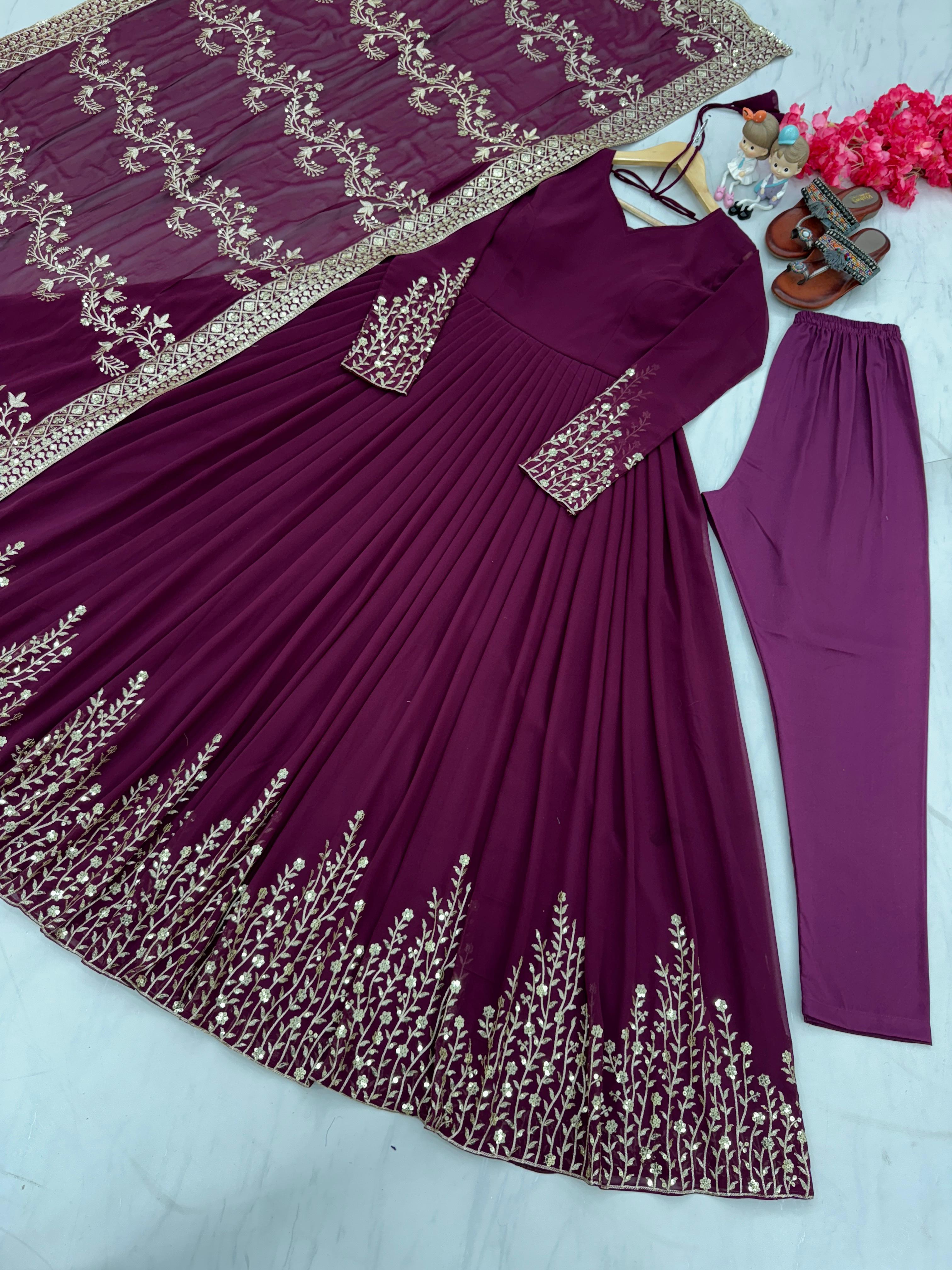 Wedding Wear Wine Color Sequence Work Long Gown With Dupatta