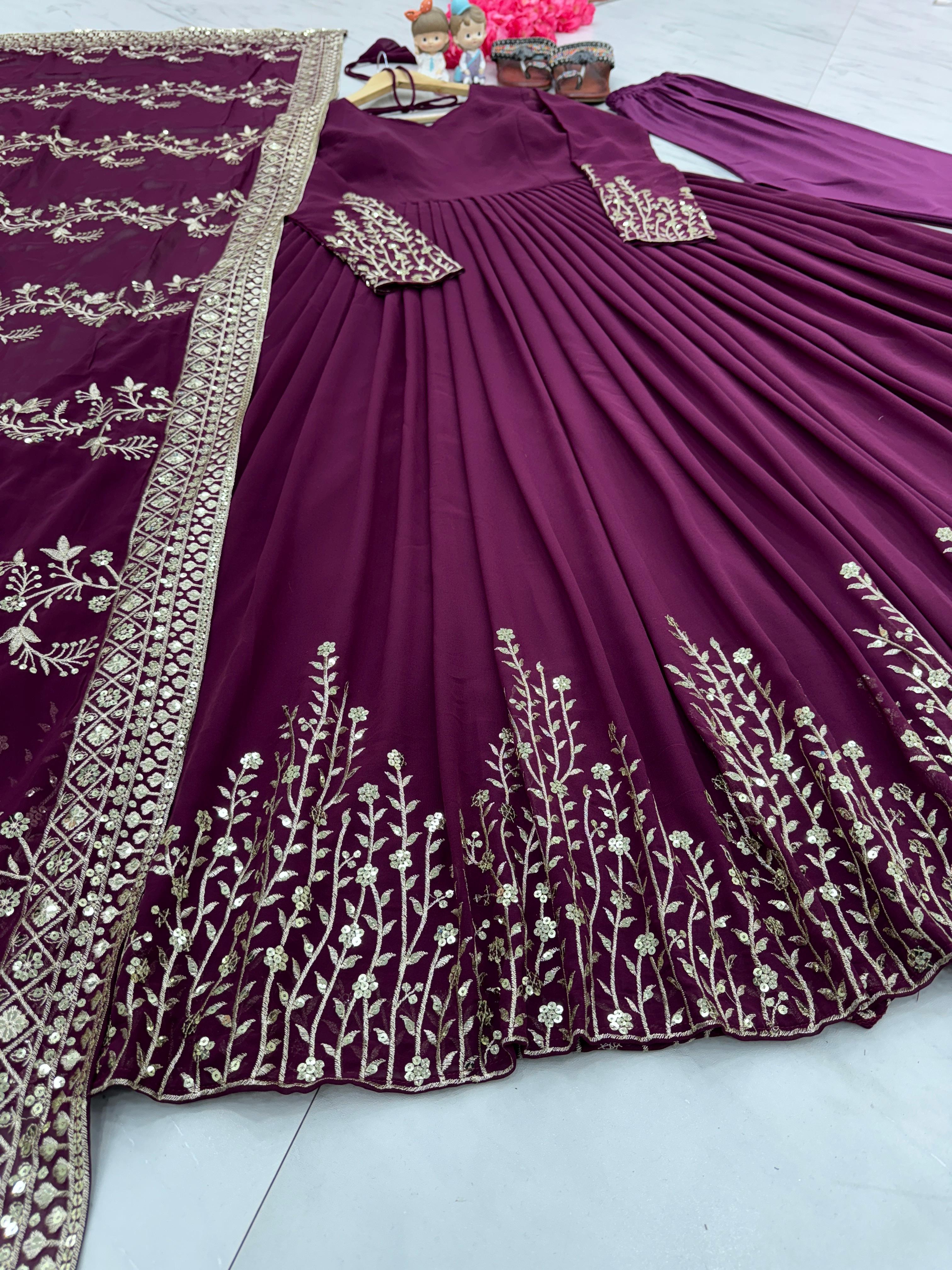 Wedding Wear Wine Color Sequence Work Long Gown With Dupatta