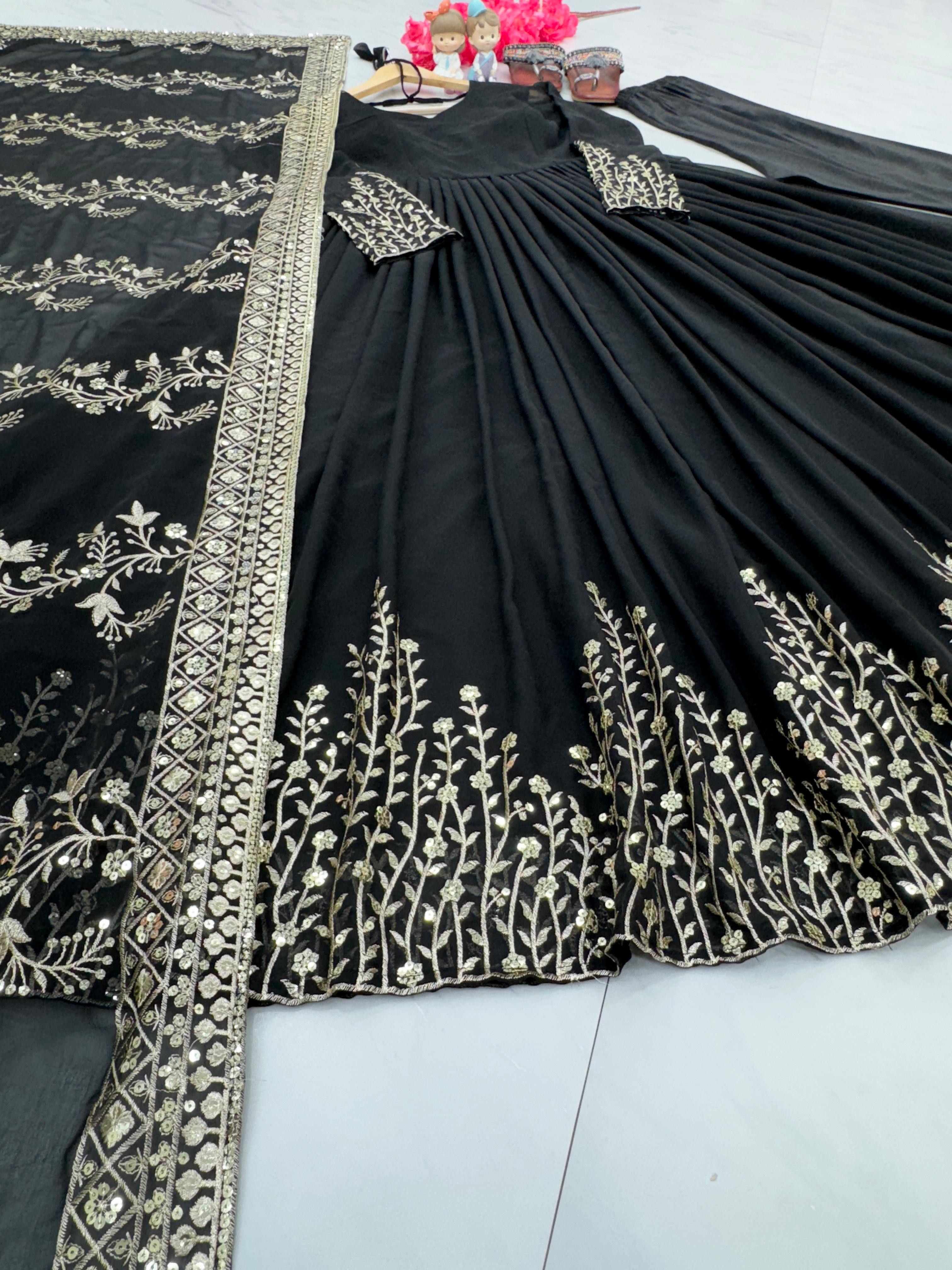 Wedding Wear Black Color Sequence Work Long Gown With Dupatta