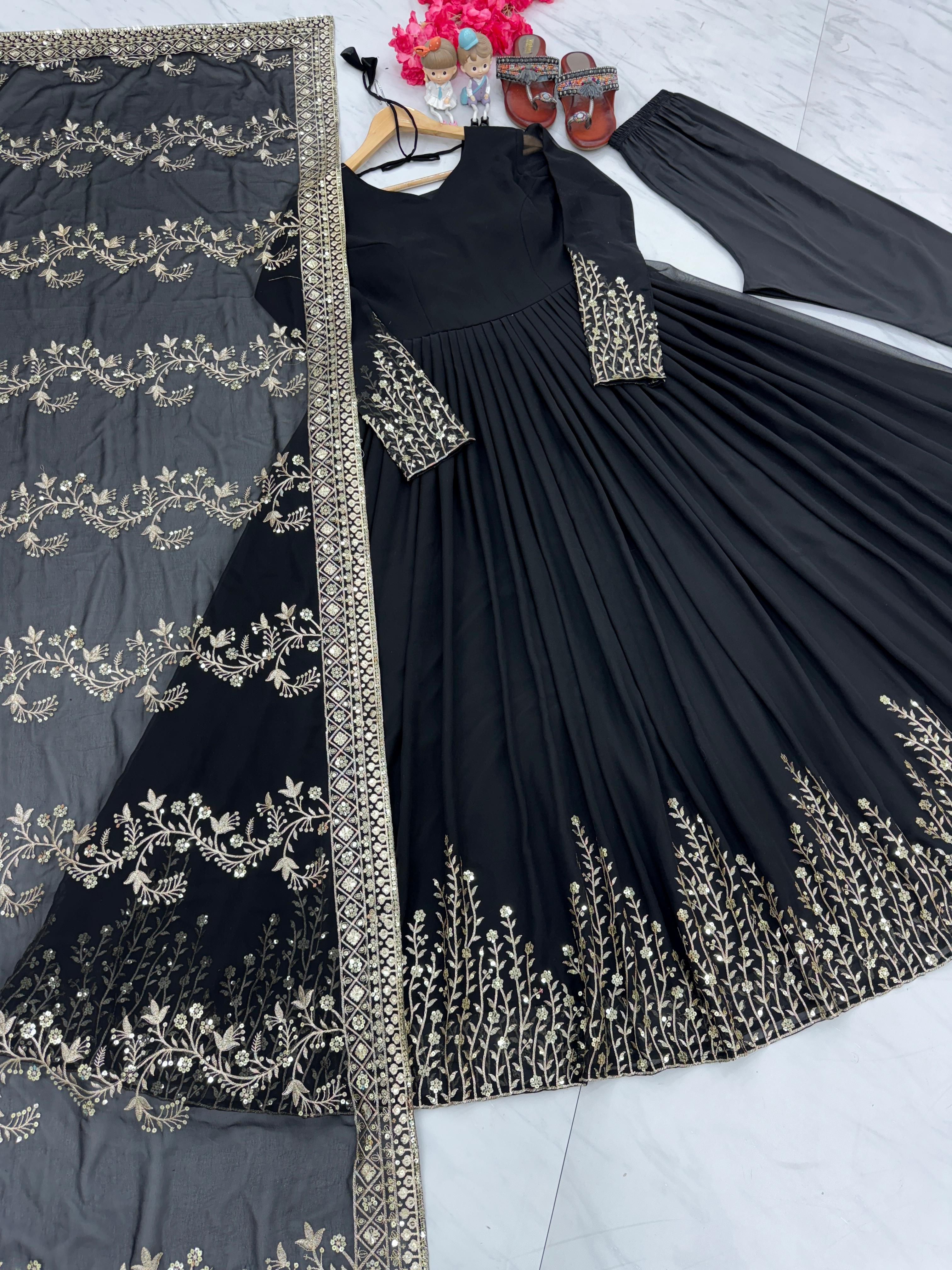 Wedding Wear Black Color Sequence Work Long Gown With Dupatta