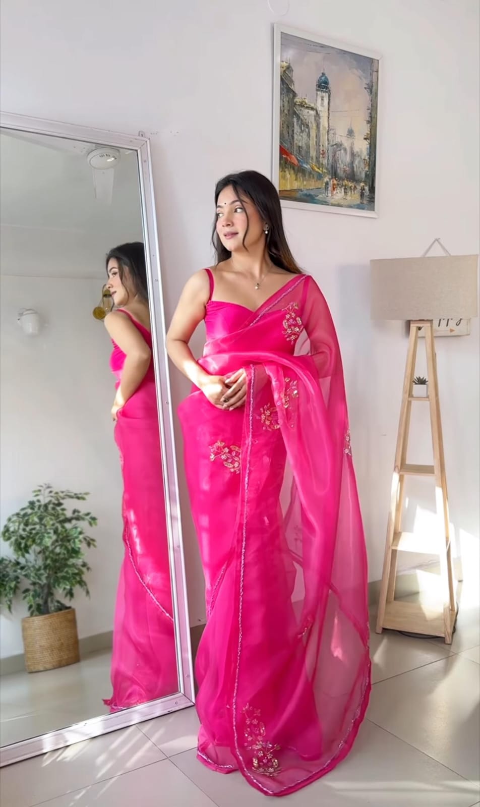 Latest Khatli Work Butta Pink Organza Silk Saree