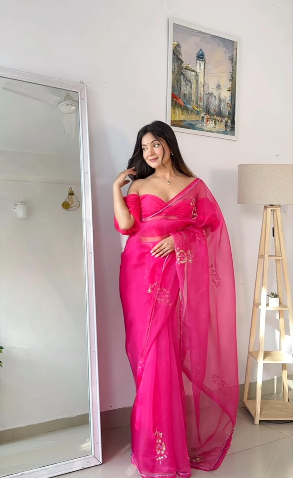 Latest Khatli Work Butta Pink Organza Silk Saree