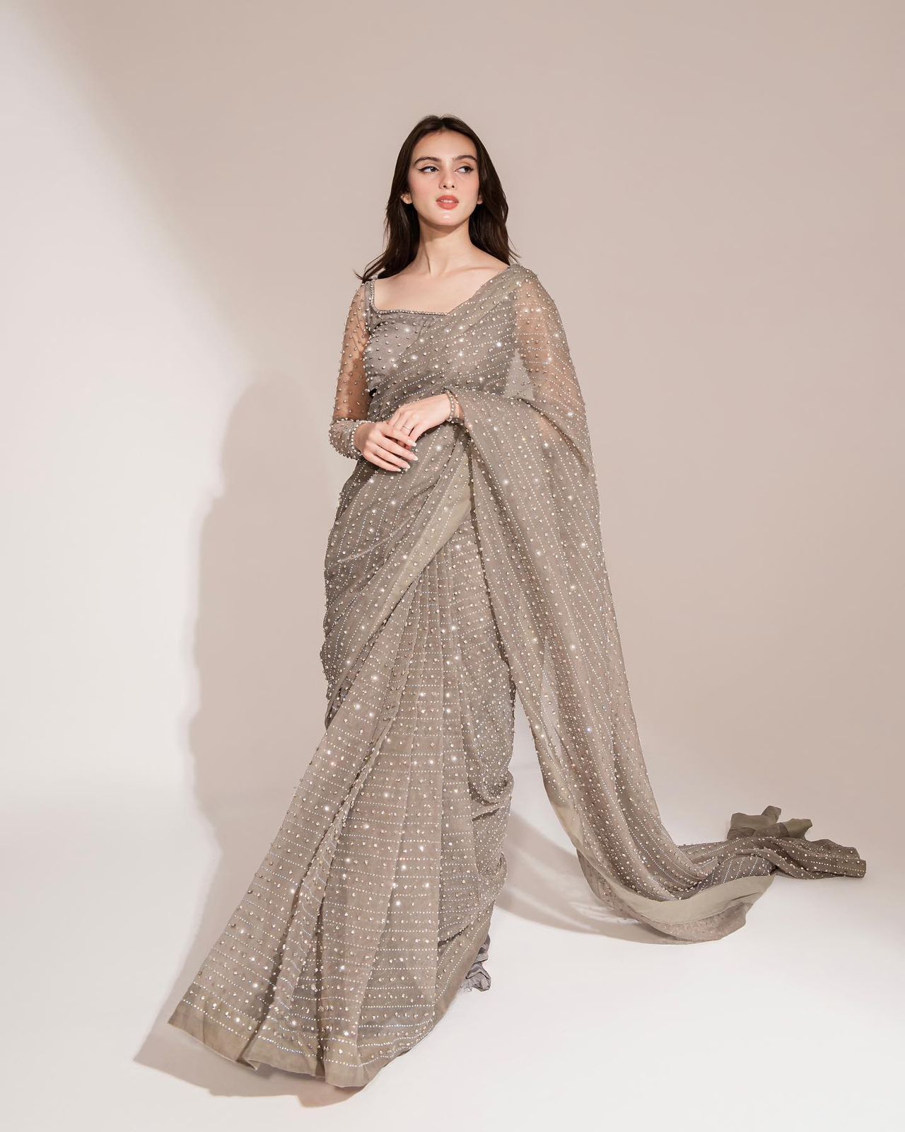 Designer Dimond Work Gray Color Saree