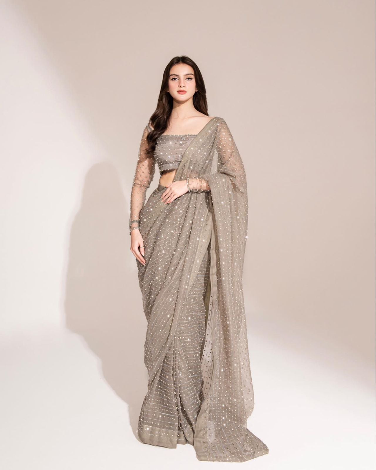 Designer Dimond Work Gray Color Saree