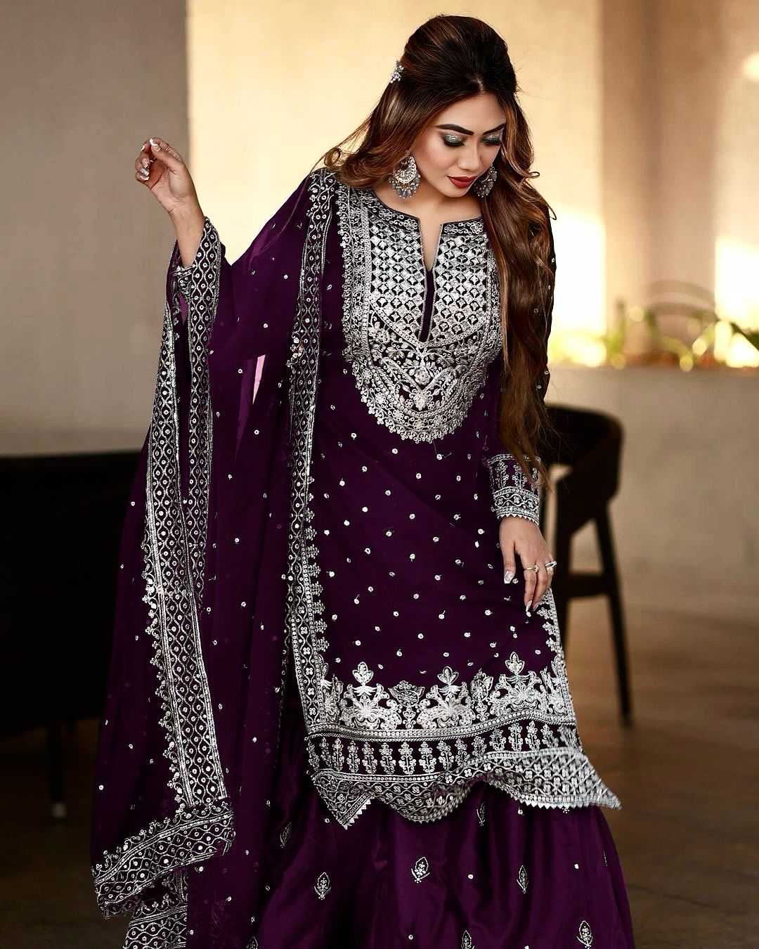 Captivating Work Purple Color Party Wear Sharara Suit