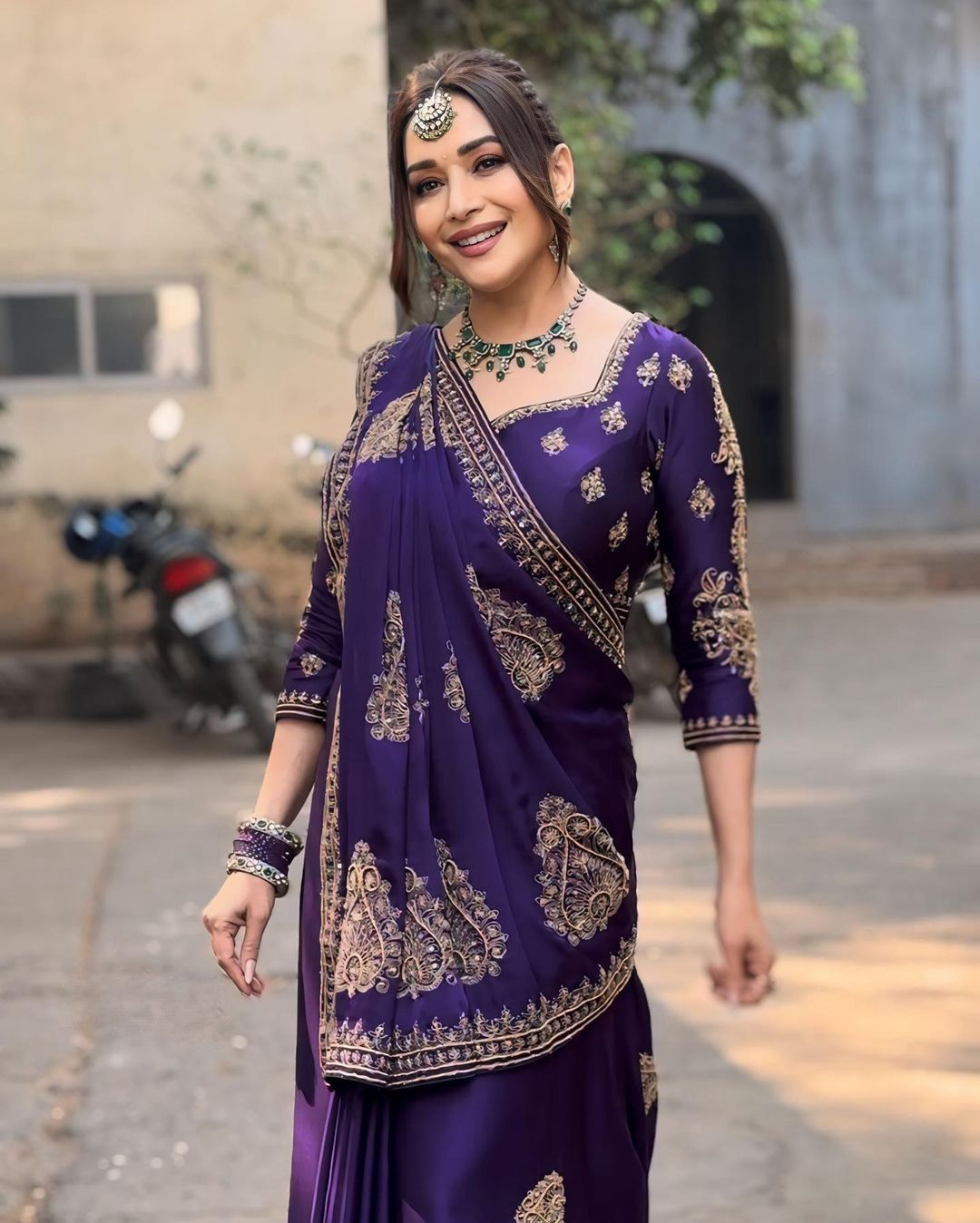 Madhuri Dixit Purple Color With Heavy Work Embellished Saree
