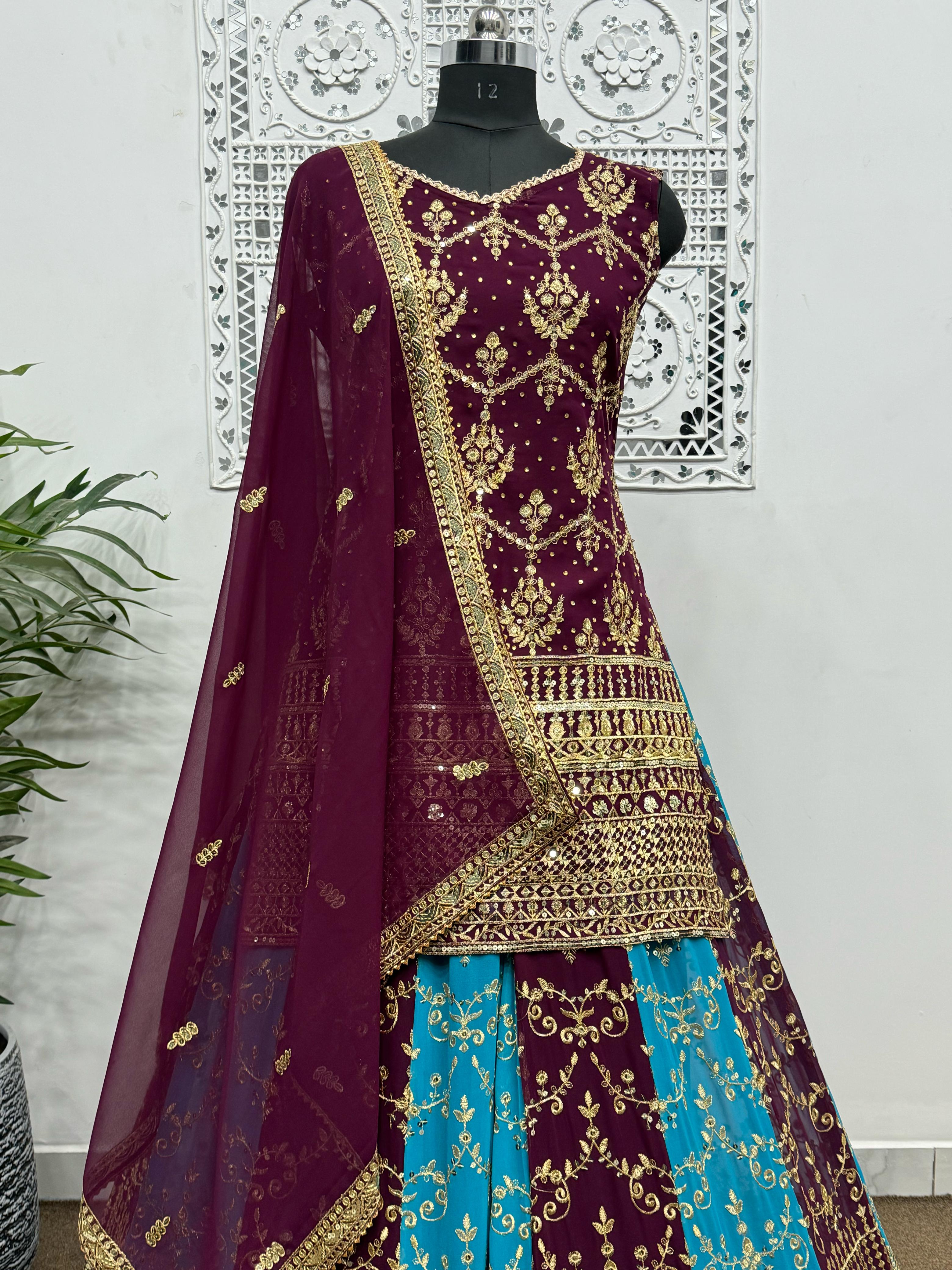 Festive Wear Wine Color Sequins Work Sharara Suit