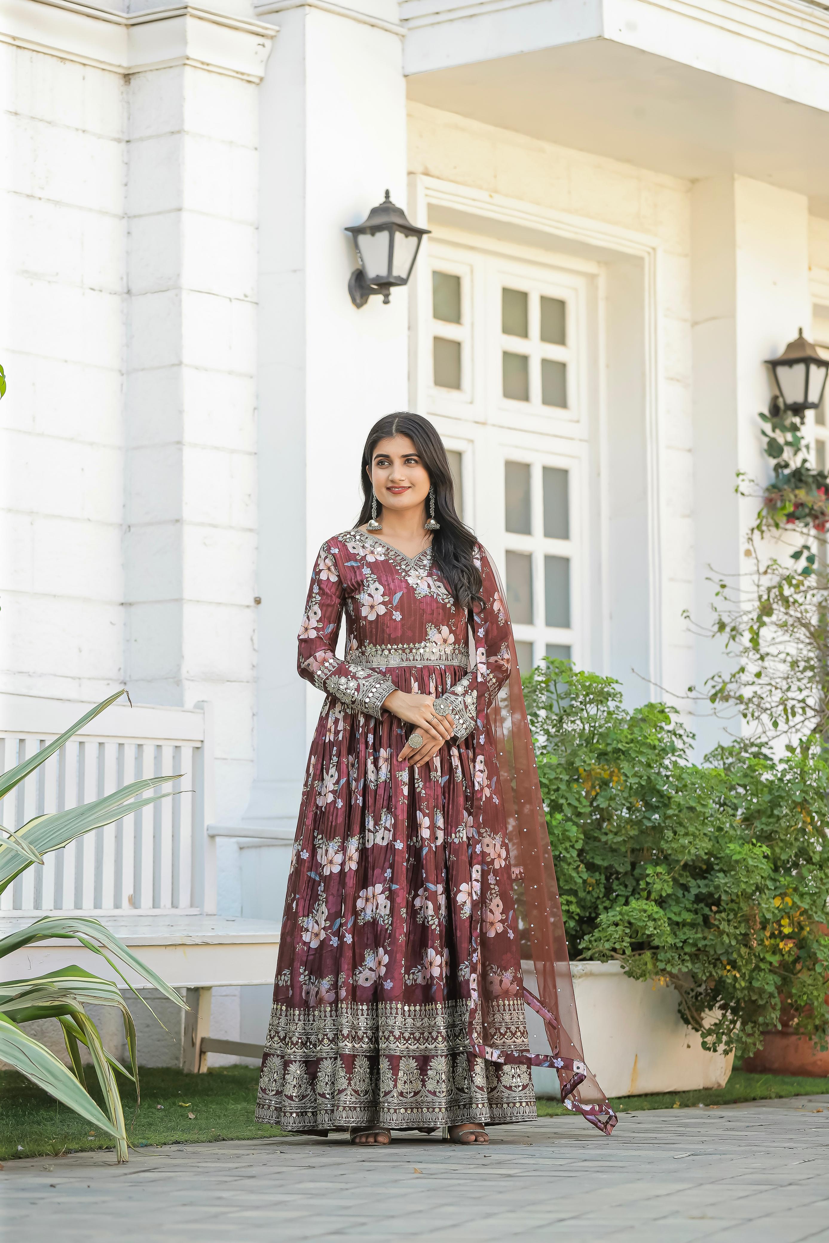 Digital Print With Work Beautiful Crush Pleating Brown Anarkali Gown