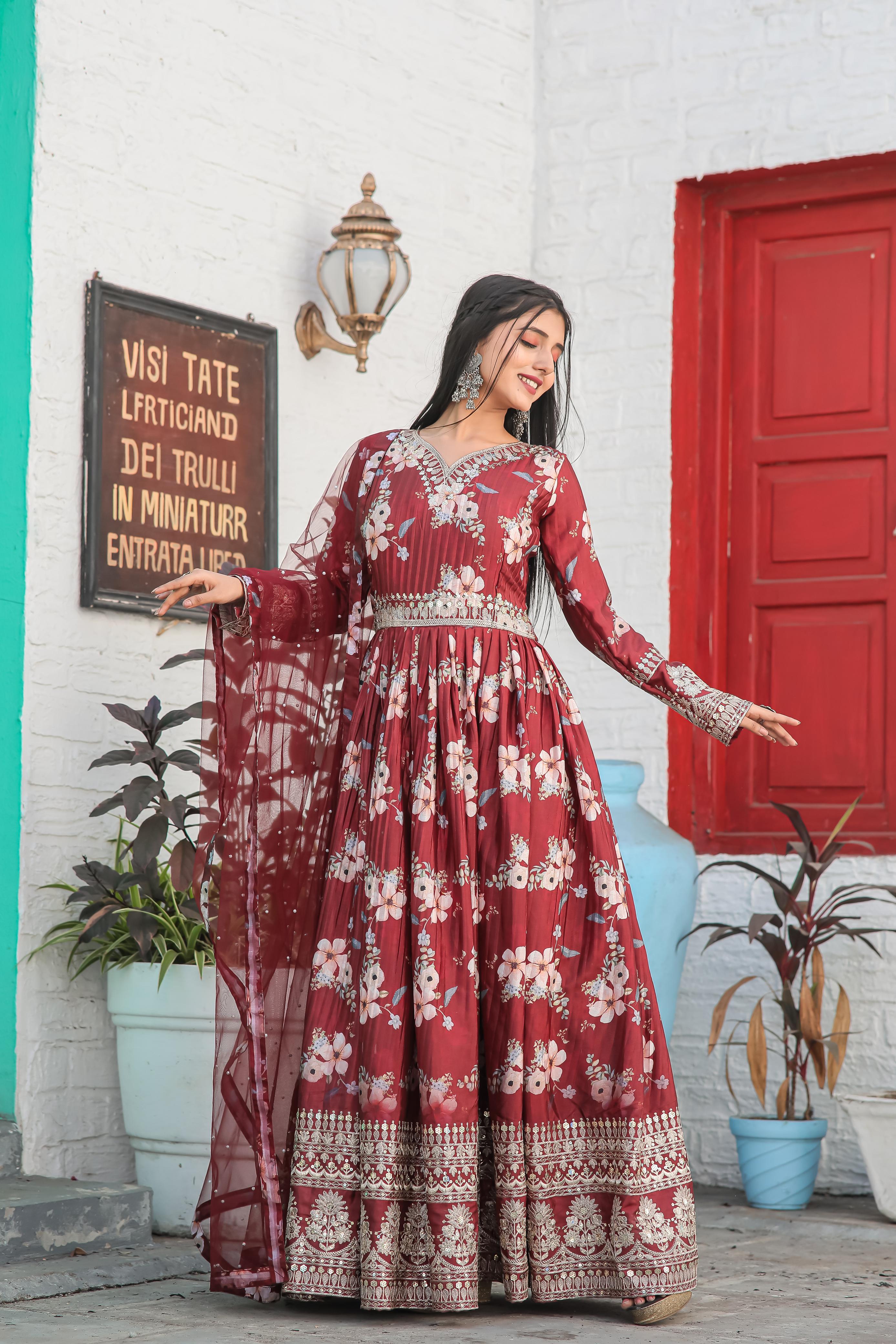 Digital Print With Work Beautiful Crush Pleating Maroon Anarkali Gown