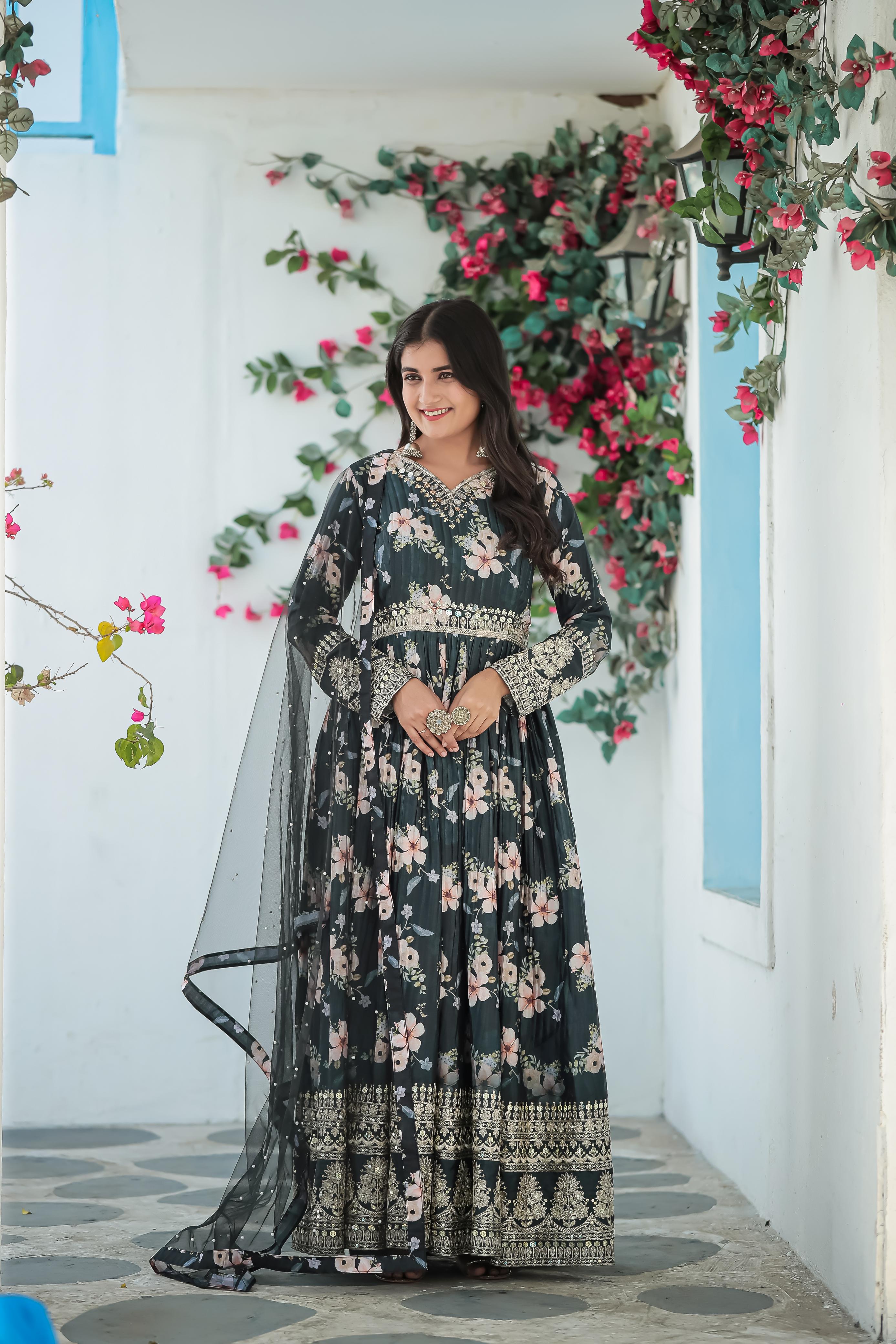 Digital Print With Work Beautiful Crush Pleating Gray Anarkali Gown