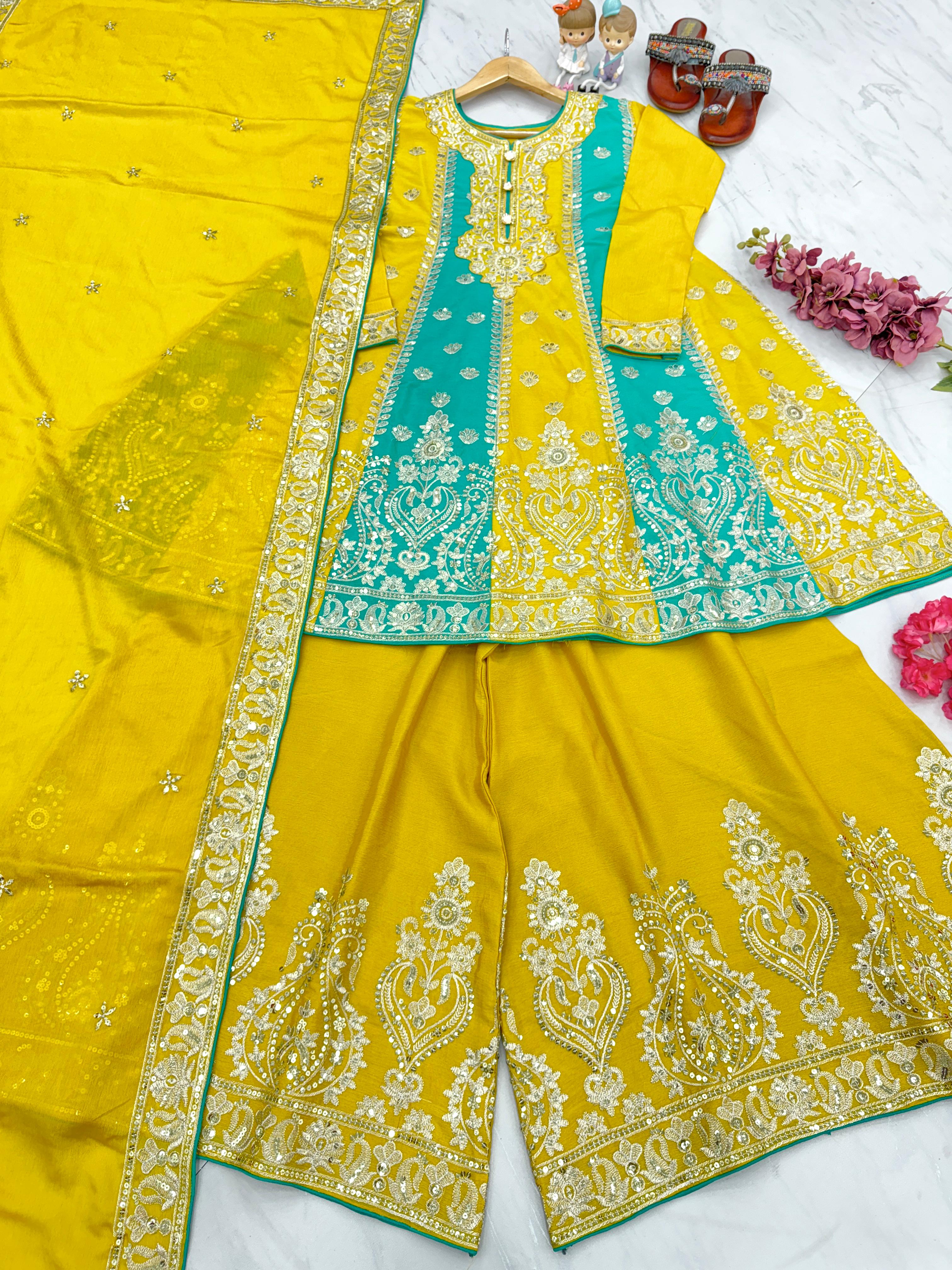 Attractive Yellow Embroidery Sequence Work Top With Sharara Suit