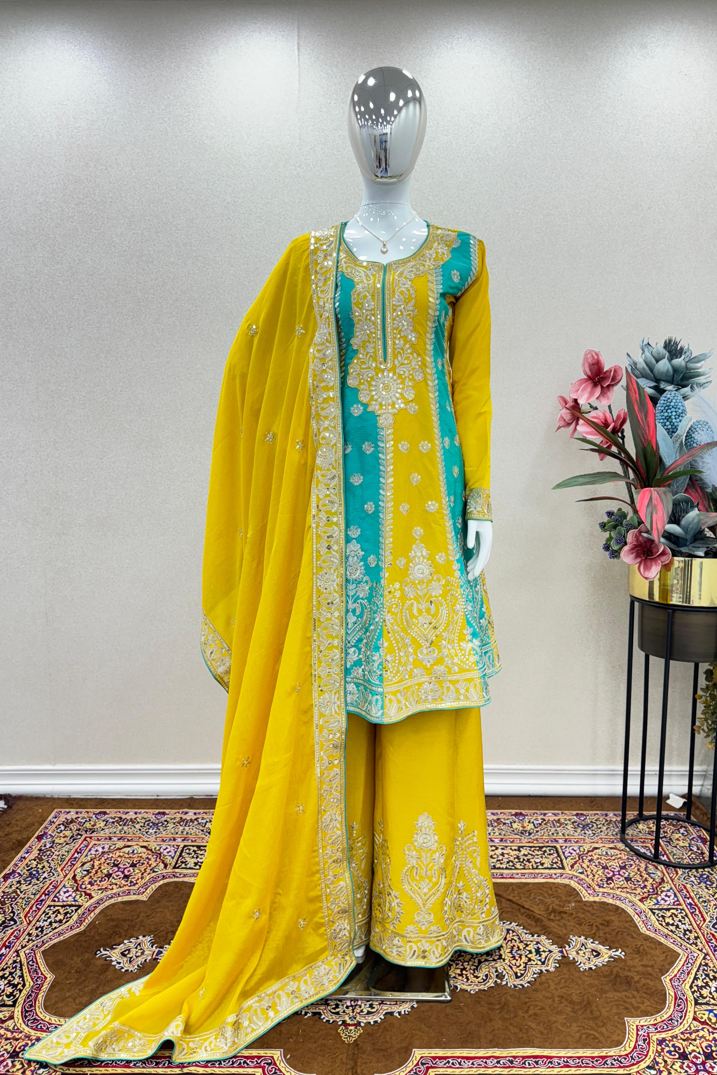 Attractive Yellow Embroidery Sequence Work Top With Sharara Suit