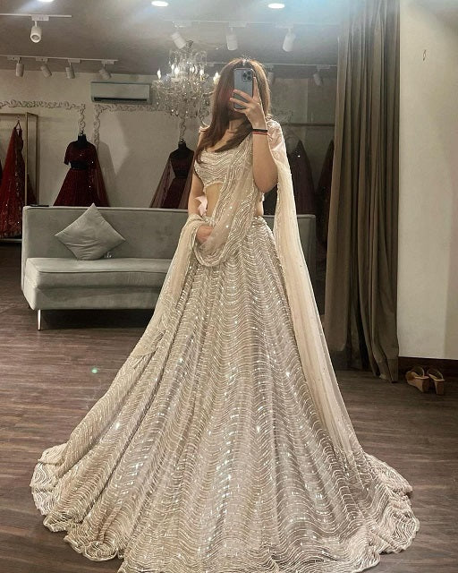 Embellished Organza Silk Heavy Work Reception Wear White Lehenga Choli