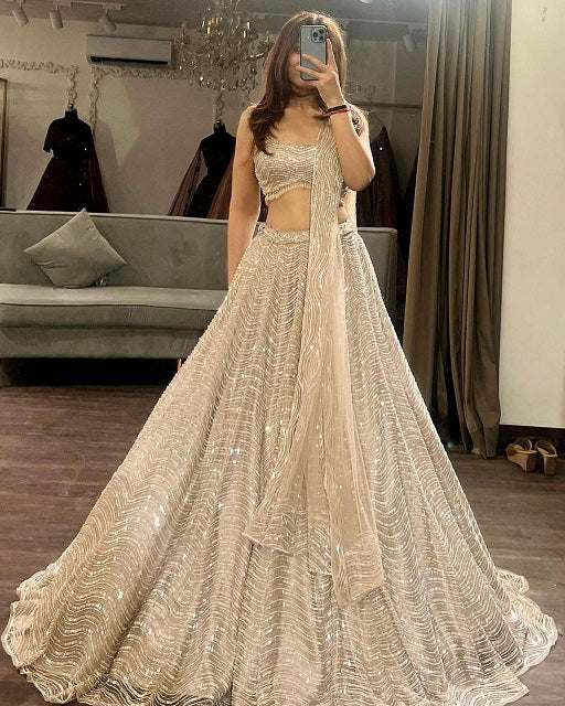 Embellished Organza Silk Heavy Work Reception Wear White Lehenga Choli