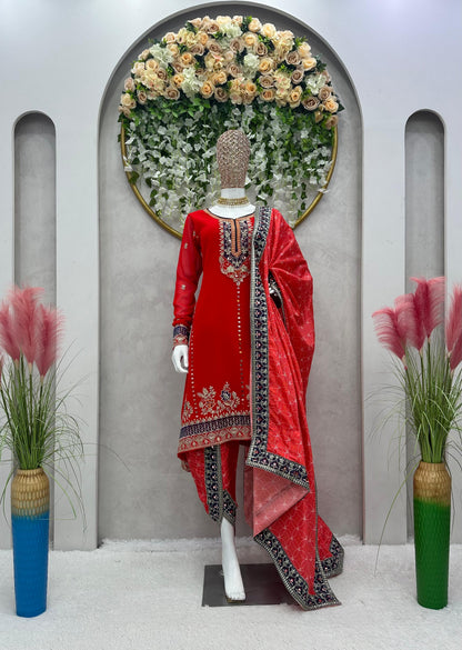 Red Color Thread Work Georgette Dhoti Suit