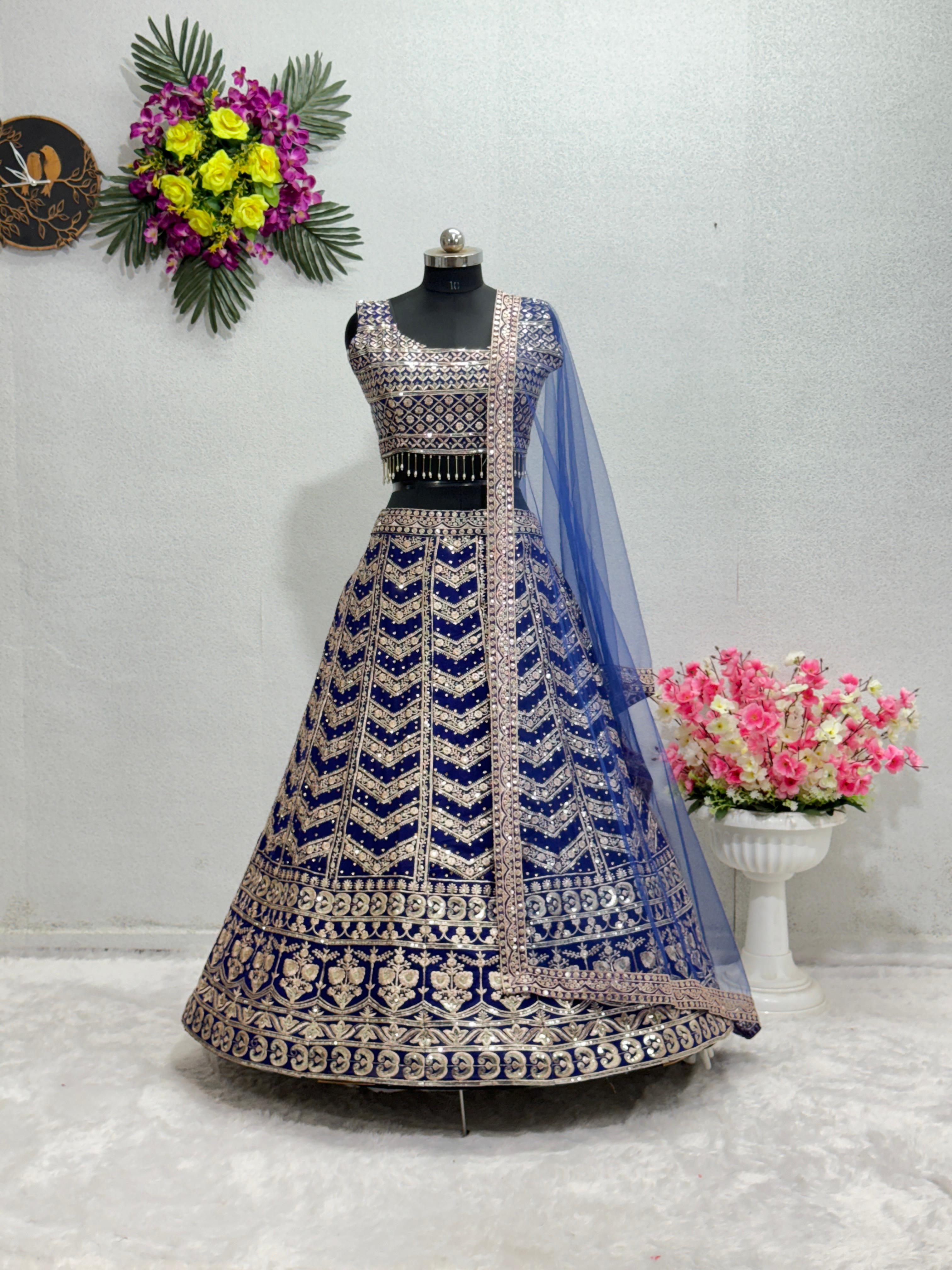 Decent Blue Color Embroidered Sequence Work Lehenga Choli