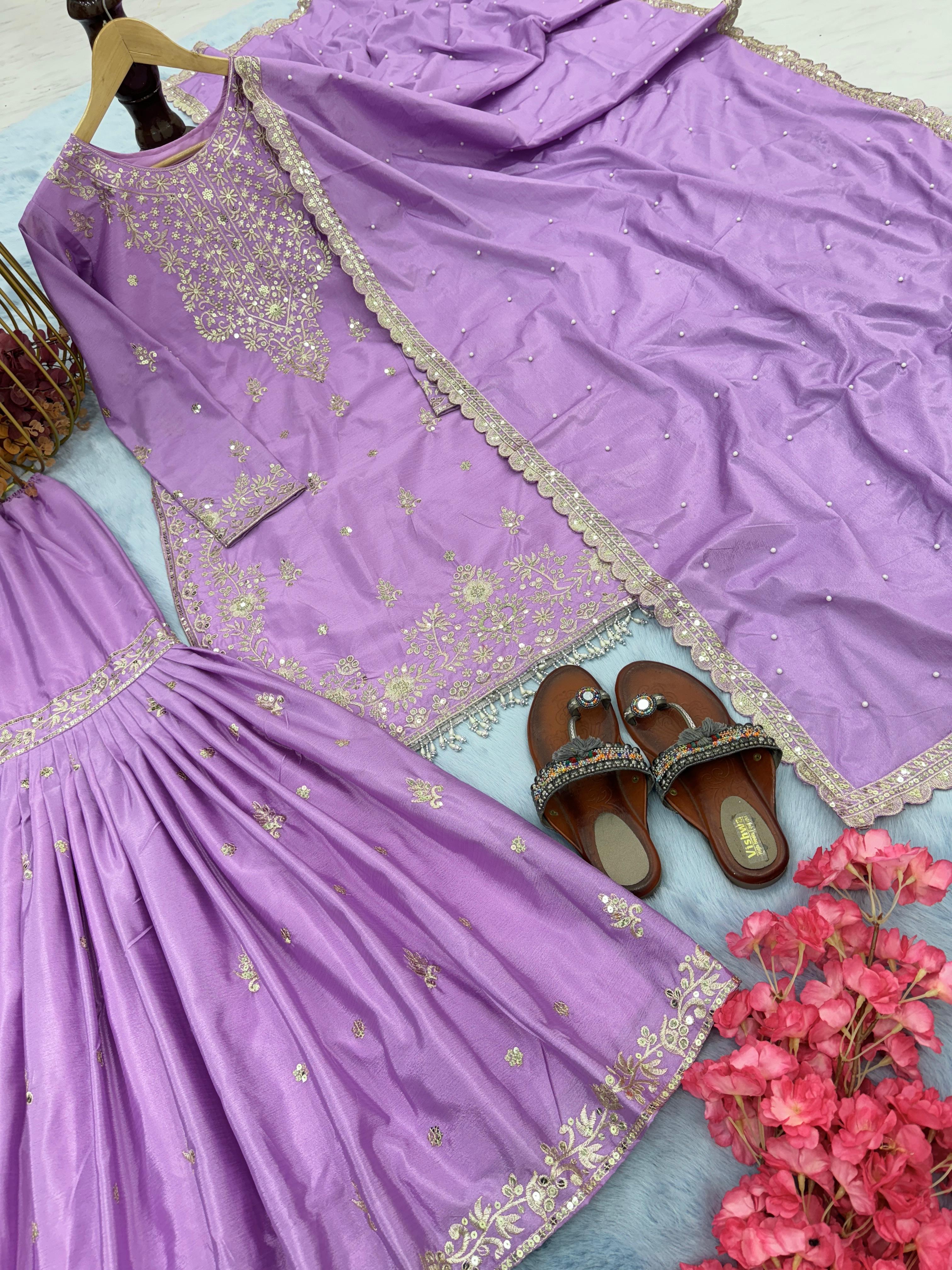 Fascinating Embroidery Sequence Work Lavender Sharara Suit