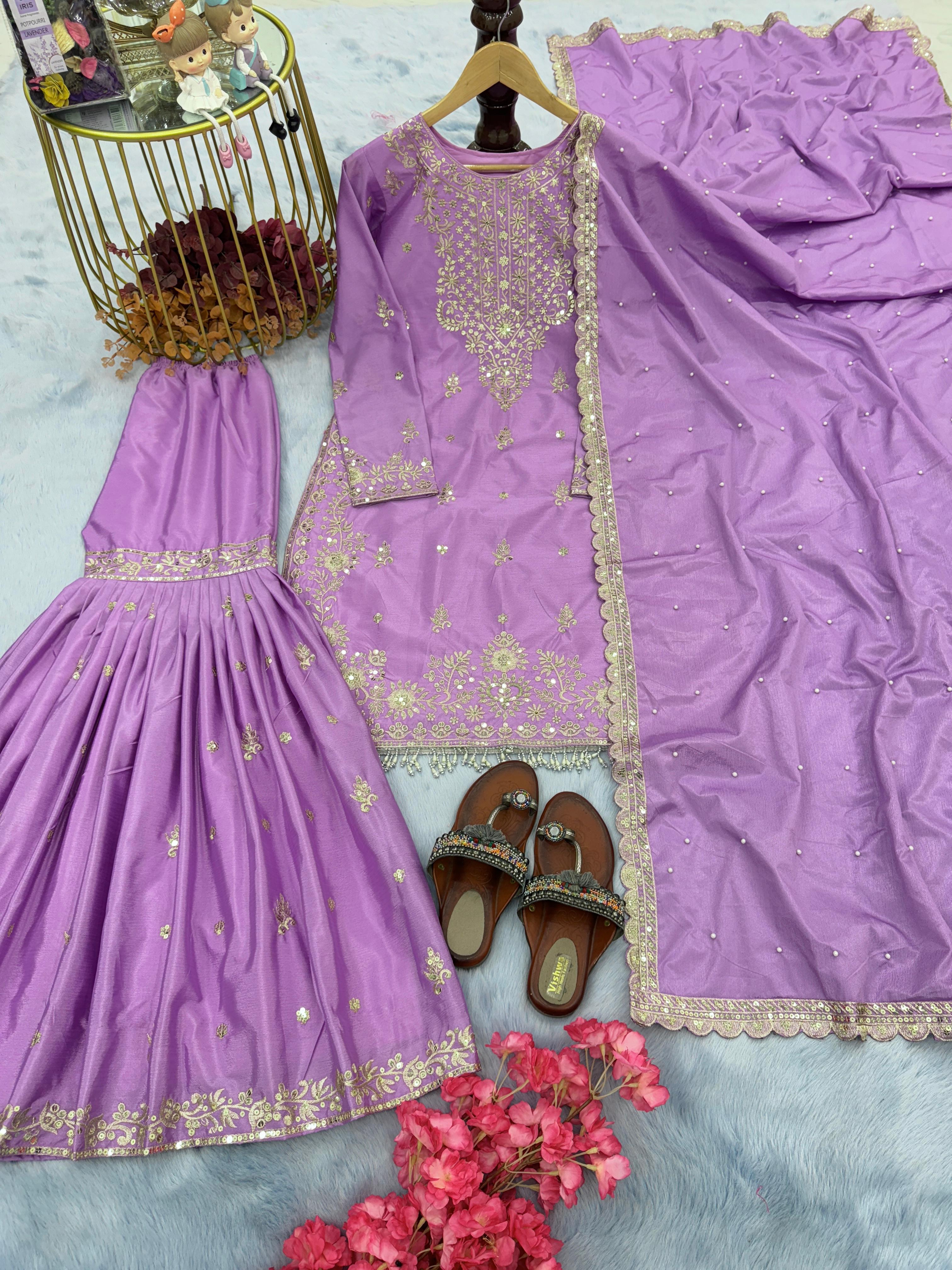 Fascinating Embroidery Sequence Work Lavender Sharara Suit