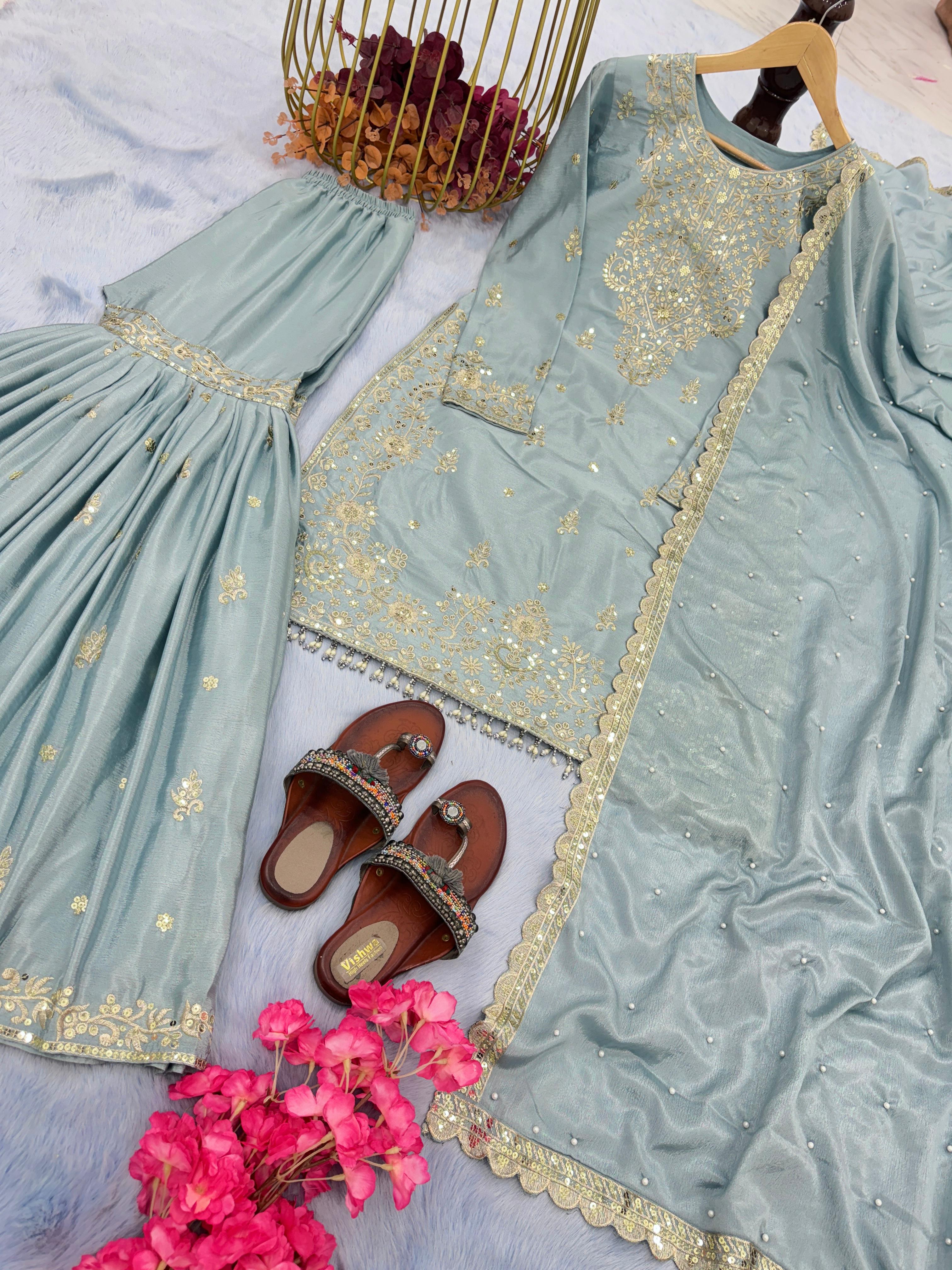 Fascinating Embroidery Sequence Work Dusty Green Sharara Suit