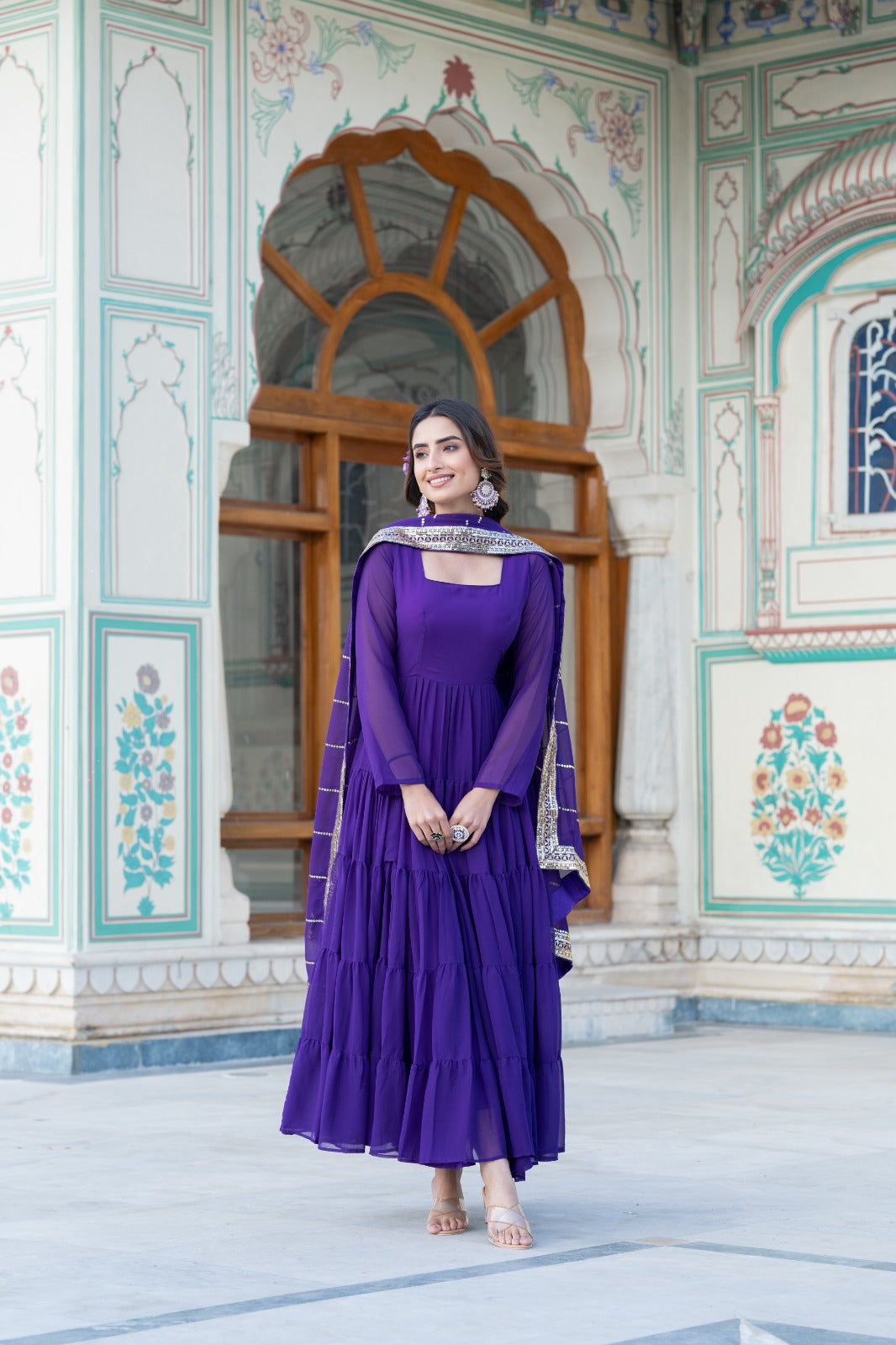 Beautiful Square Neck Georgette Purple Color Long Gown