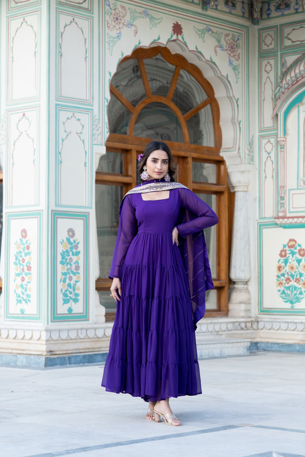 Beautiful Square Neck Georgette Purple Color Long Gown