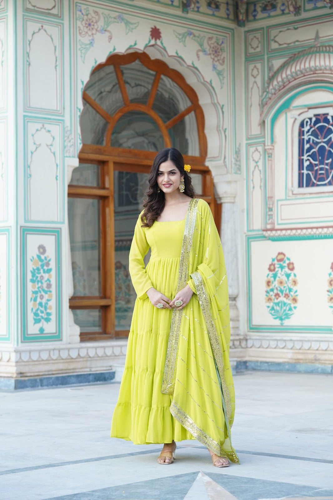 Beautiful Square Neck Georgette Parrot Green Color Long Gown