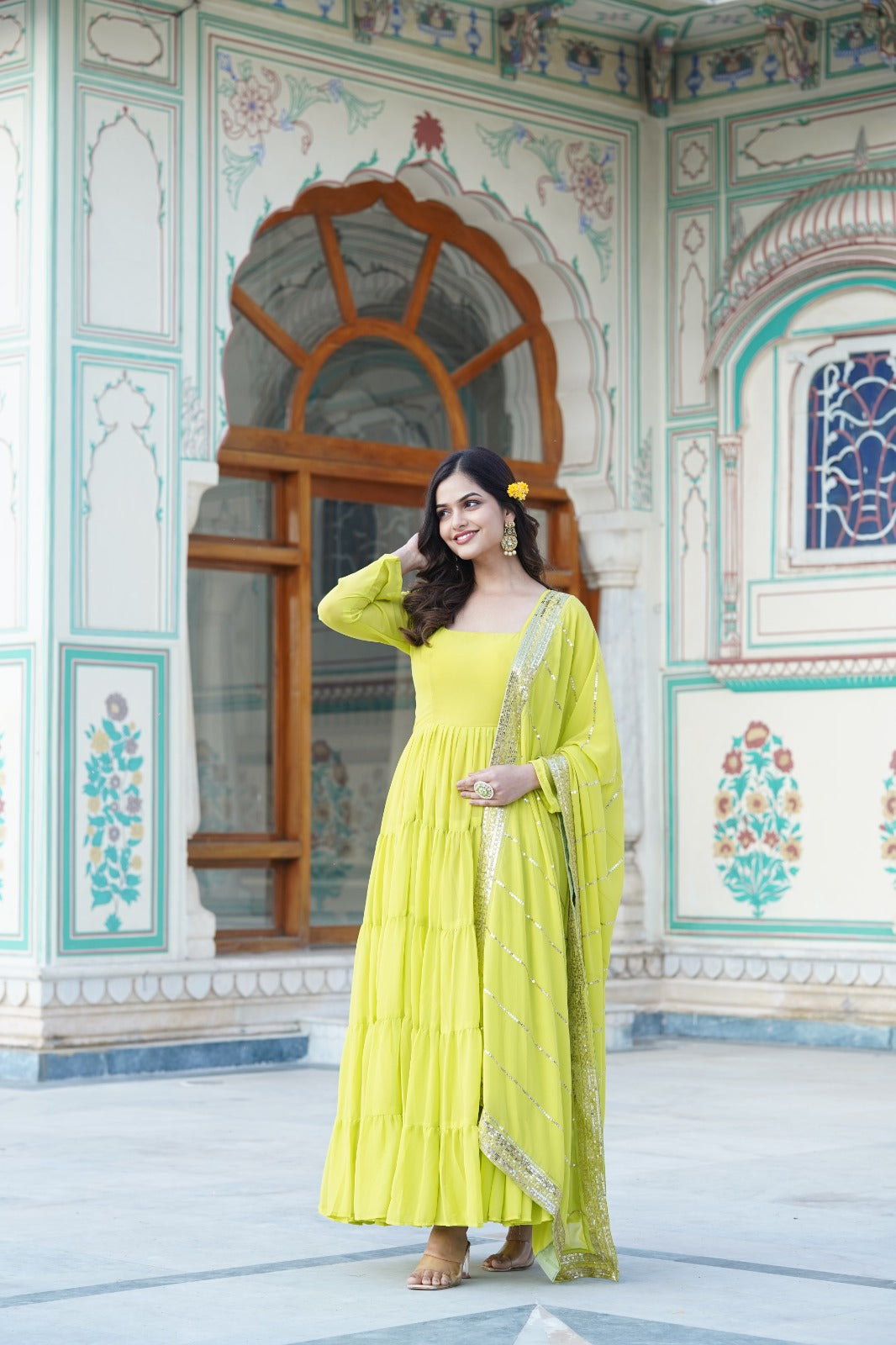 Beautiful Square Neck Georgette Parrot Green Color Long Gown