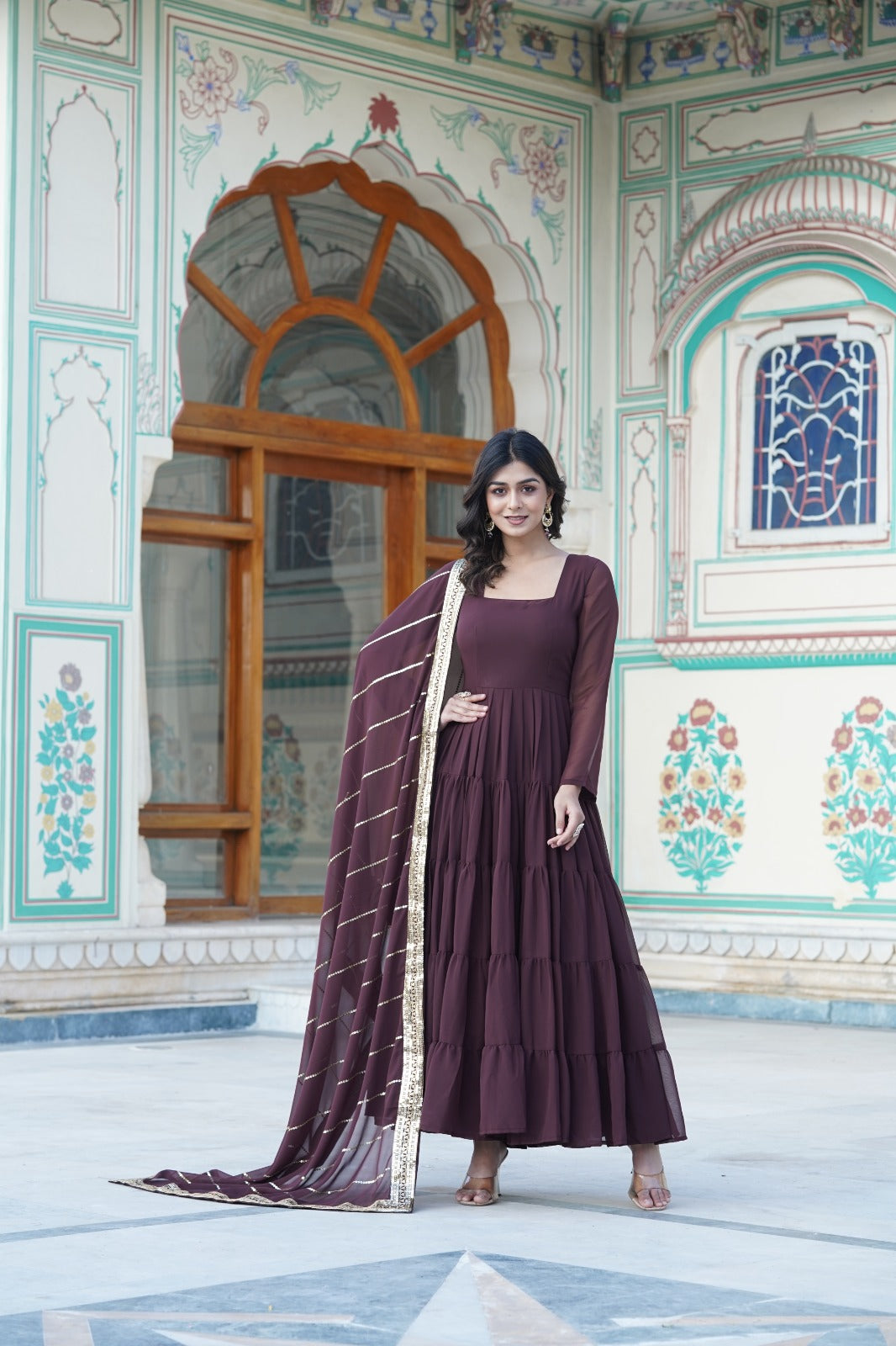 Beautiful Square Neck Georgette Brown Color Long Gown