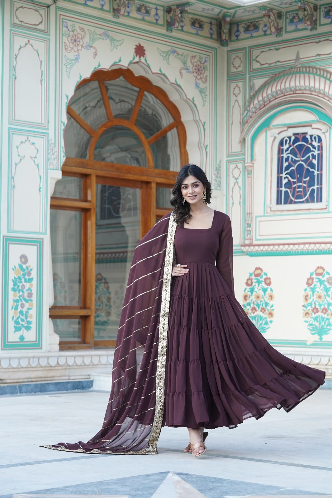 Beautiful Square Neck Georgette Brown Color Long Gown