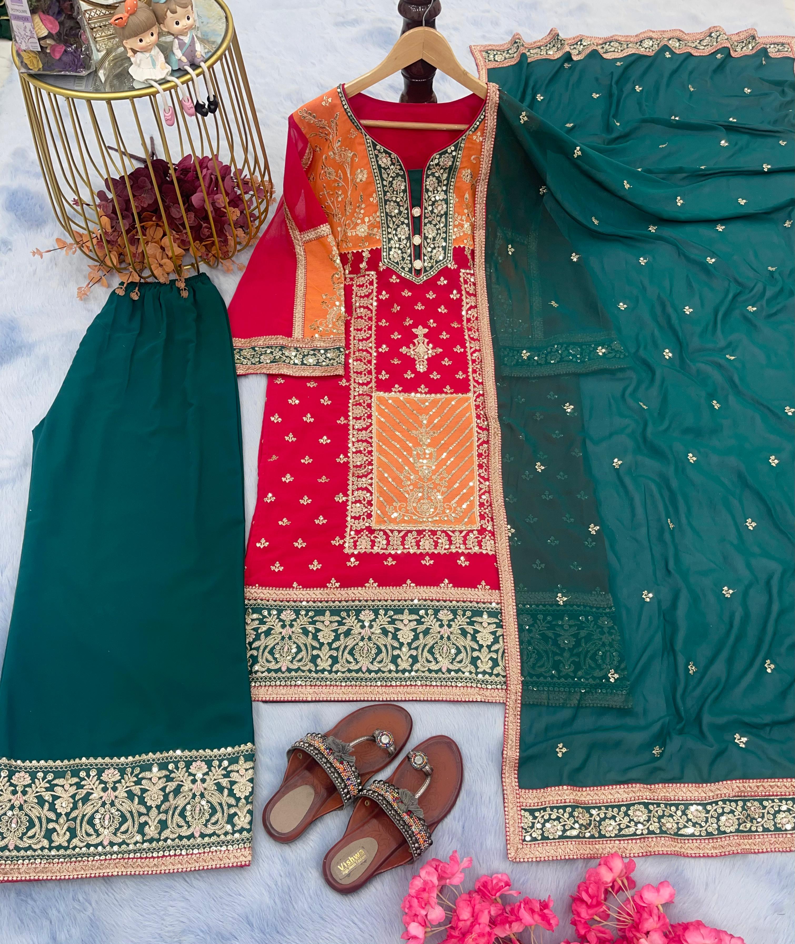 Teal Blue Embroidery Work Ready Made Kurti With Palazzo Set