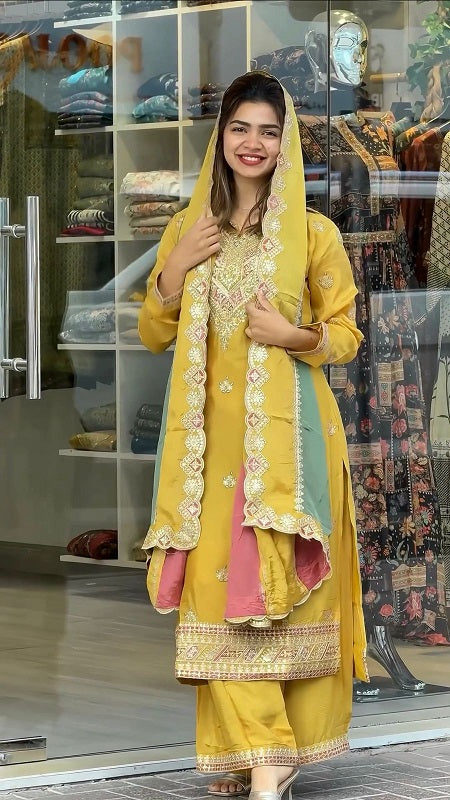 Trendy Sequence Work Yellow Color palazzo Suit With Beautiful Dupatta