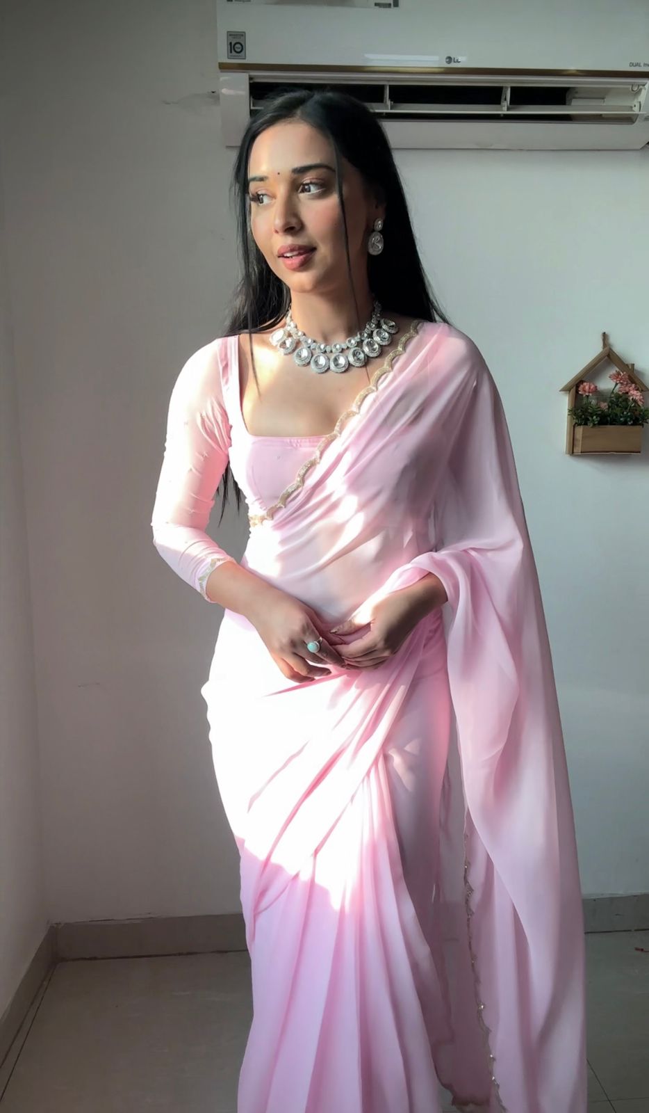 Party Wear Cutwork Border Light Pink  Ready To Wear Saree