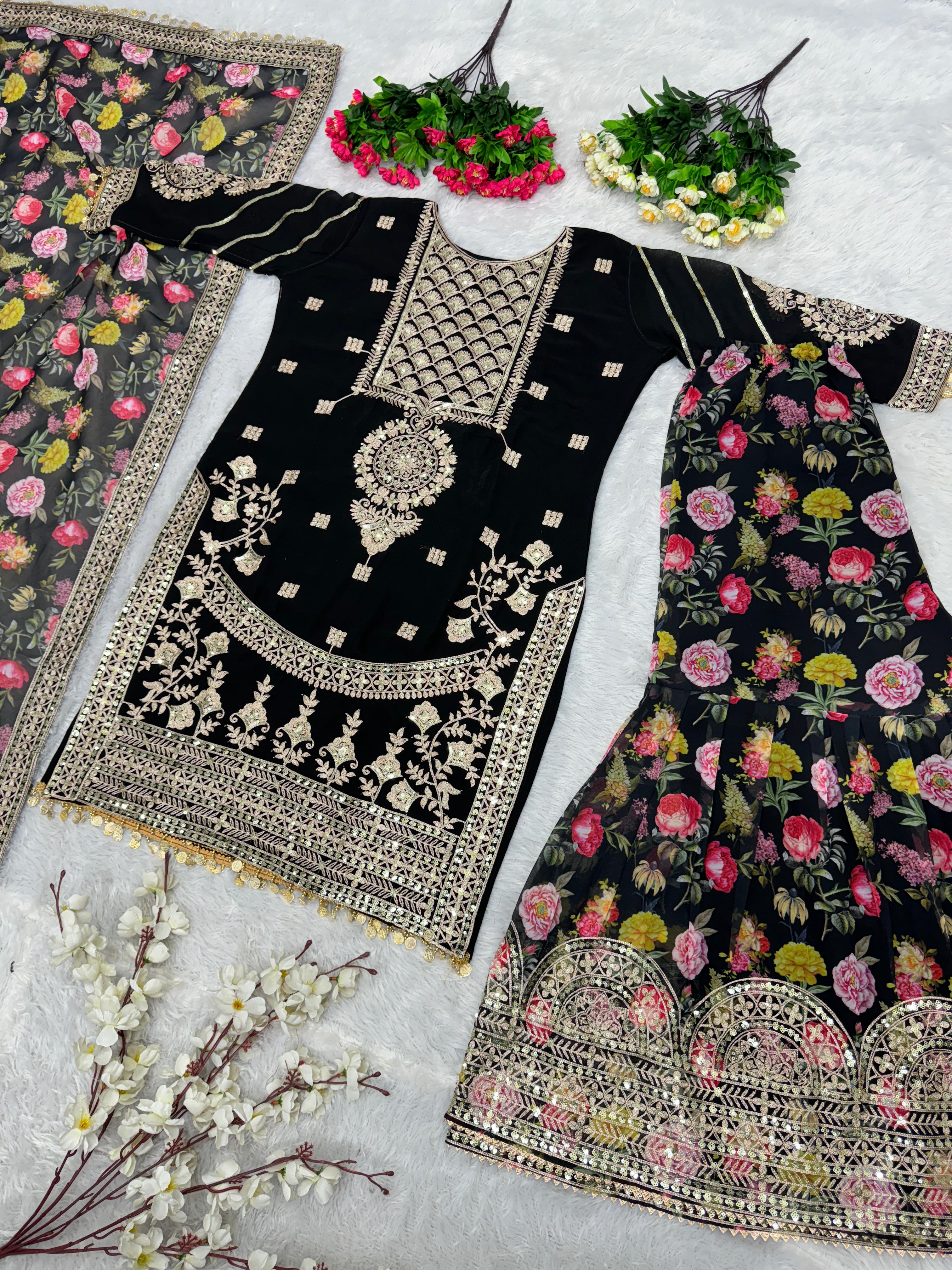 Designer Heavy Work Black Color Georgette Sharara Suit