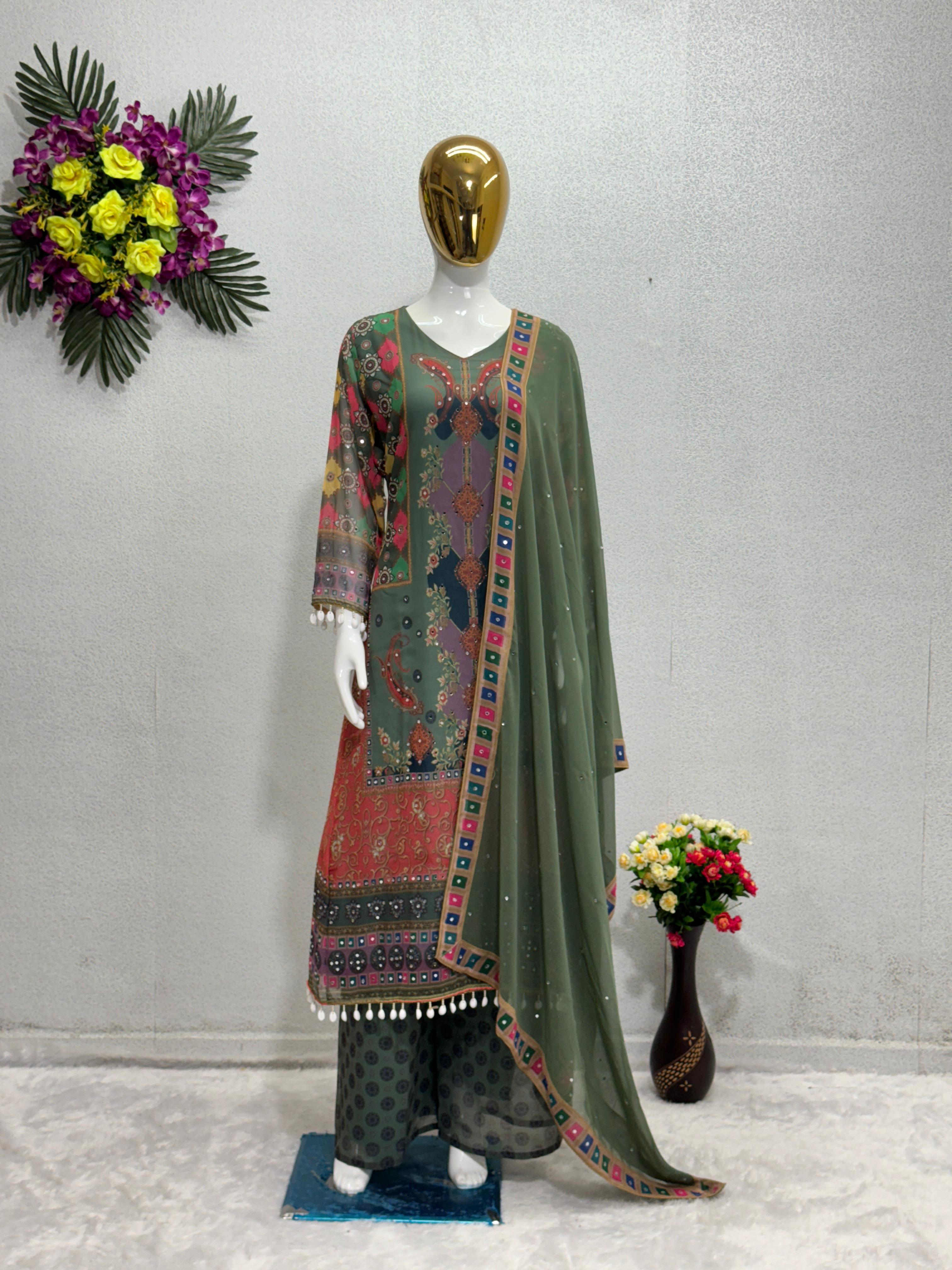 Exclusive Multi Design With Fancy Work Green Color Sharara Suit