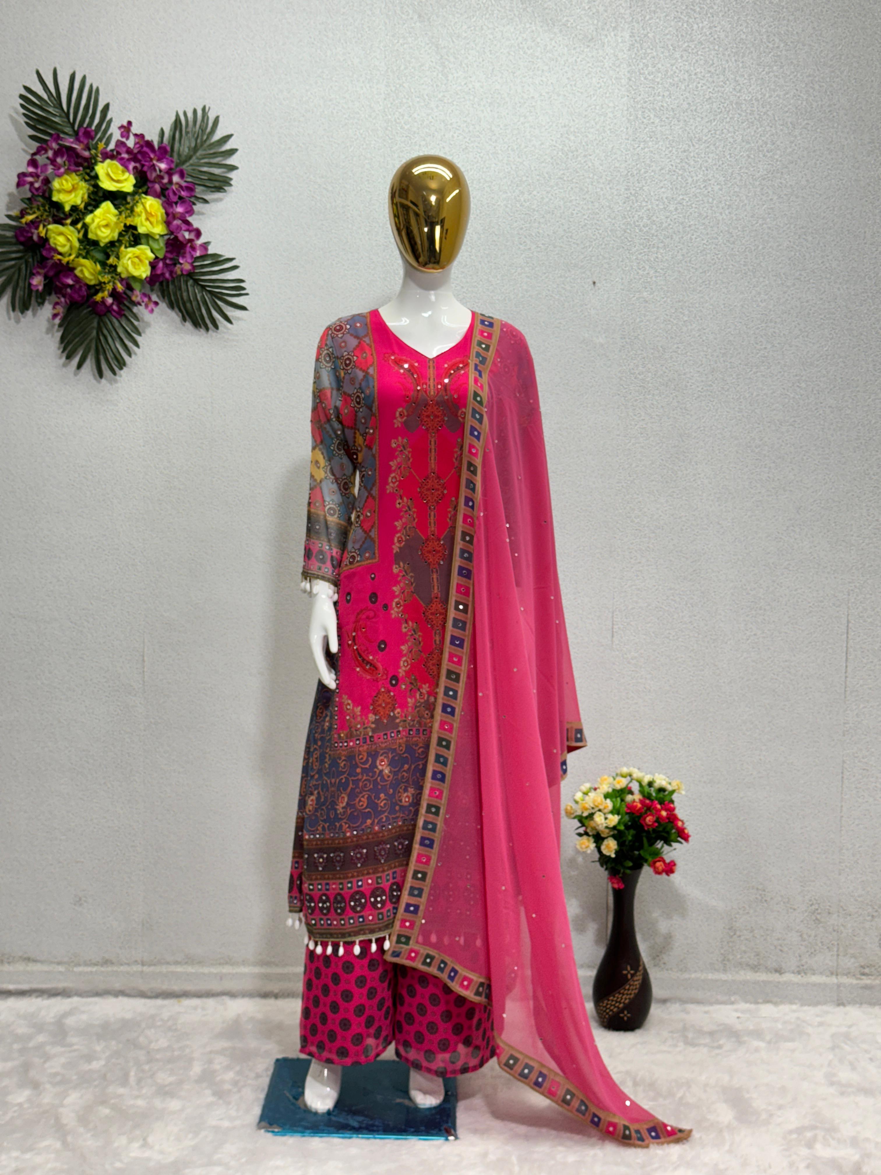 Exclusive Multi Design With Fancy Work Pink Color Sharara Suit