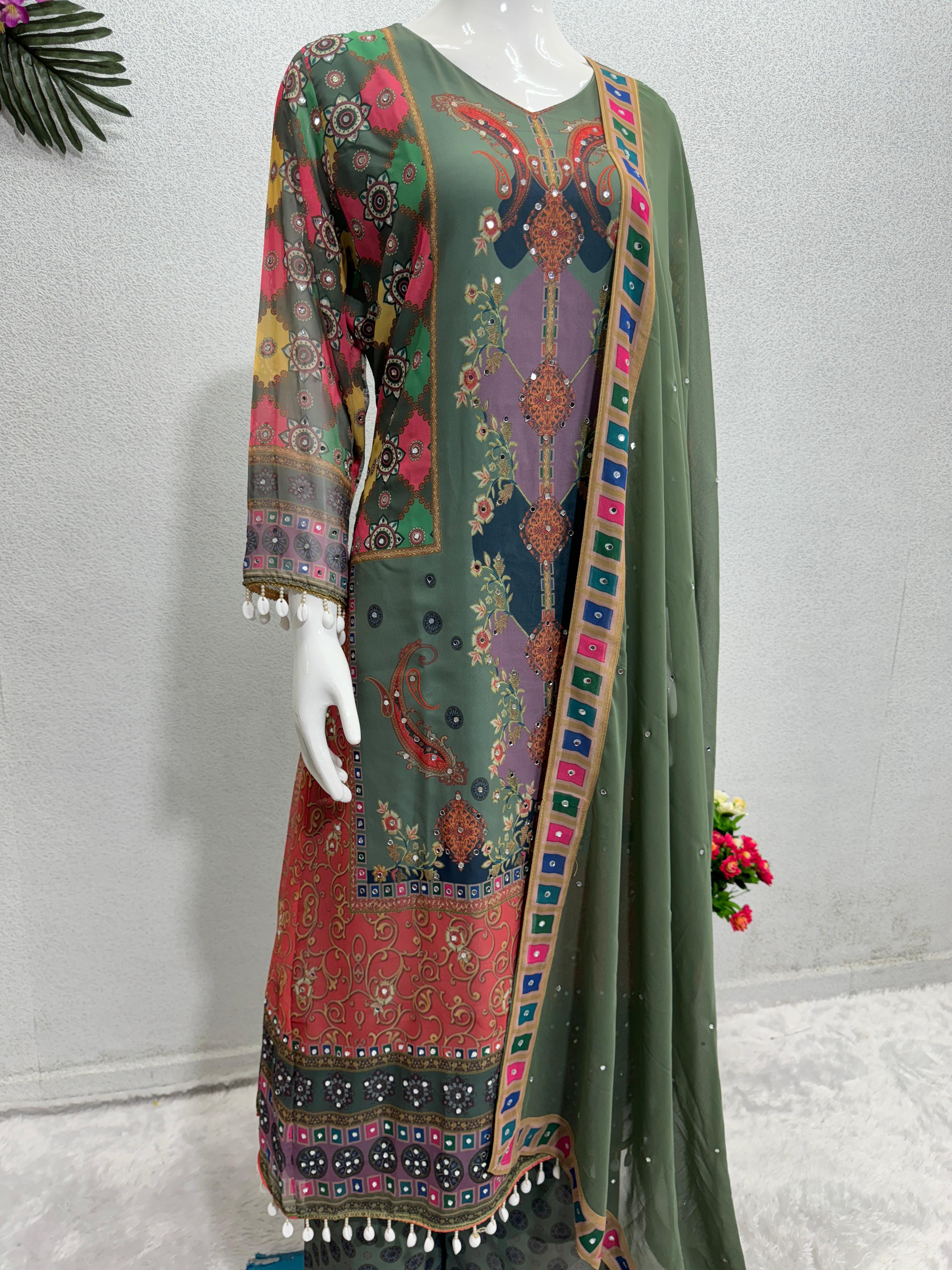 Exclusive Multi Design With Fancy Work Green Color Sharara Suit