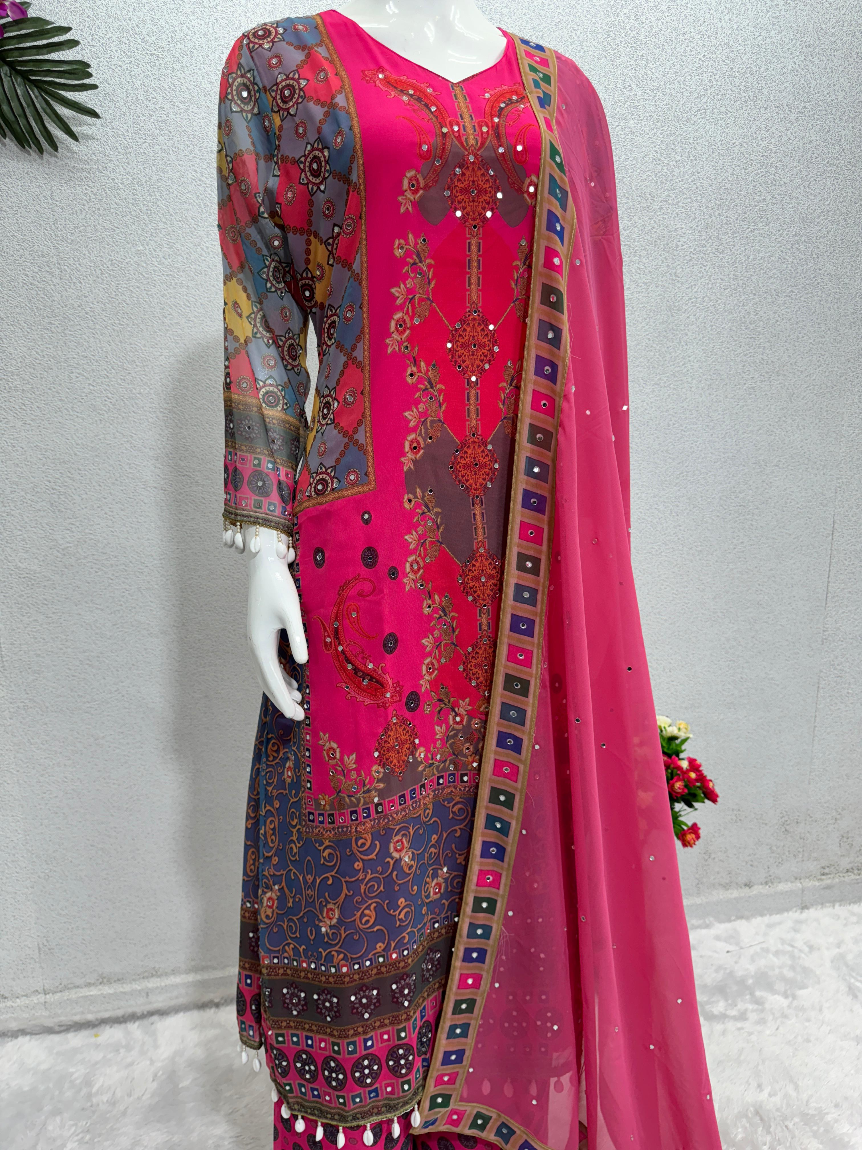 Exclusive Multi Design With Fancy Work Pink Color Sharara Suit