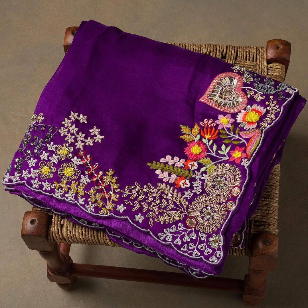 Amazing Thread Embroidery Work Purple Color Saree