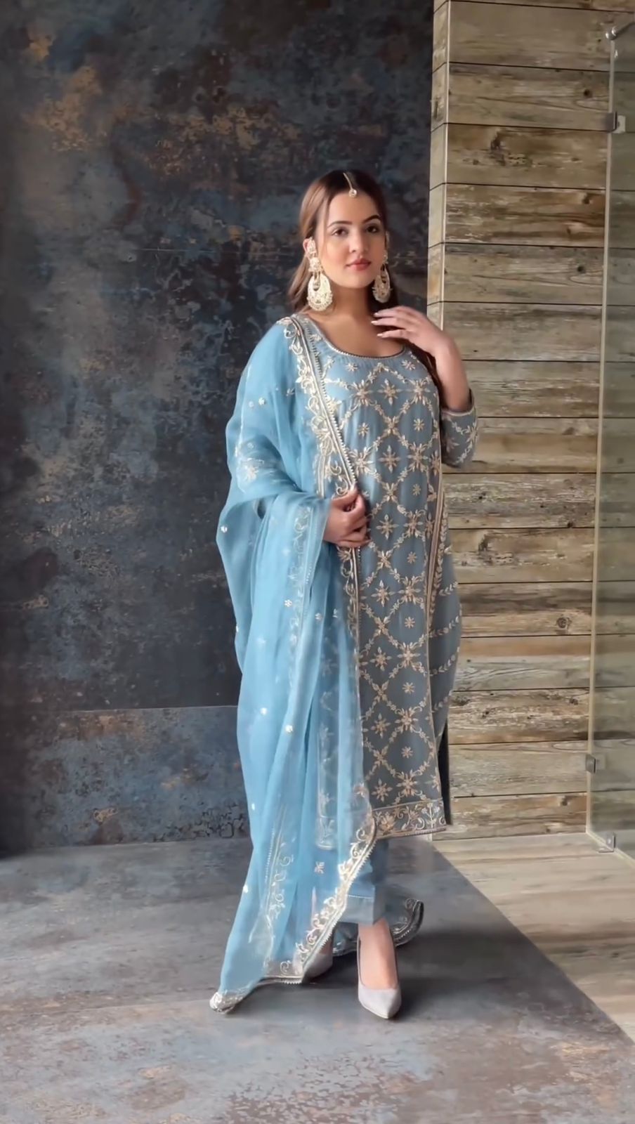 Punjabi style Sky Blue Shining Work Salwar Suit