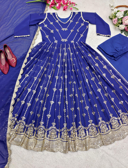 Blue Color Anarkali Gown With Heavy Embroidery Sequence Work