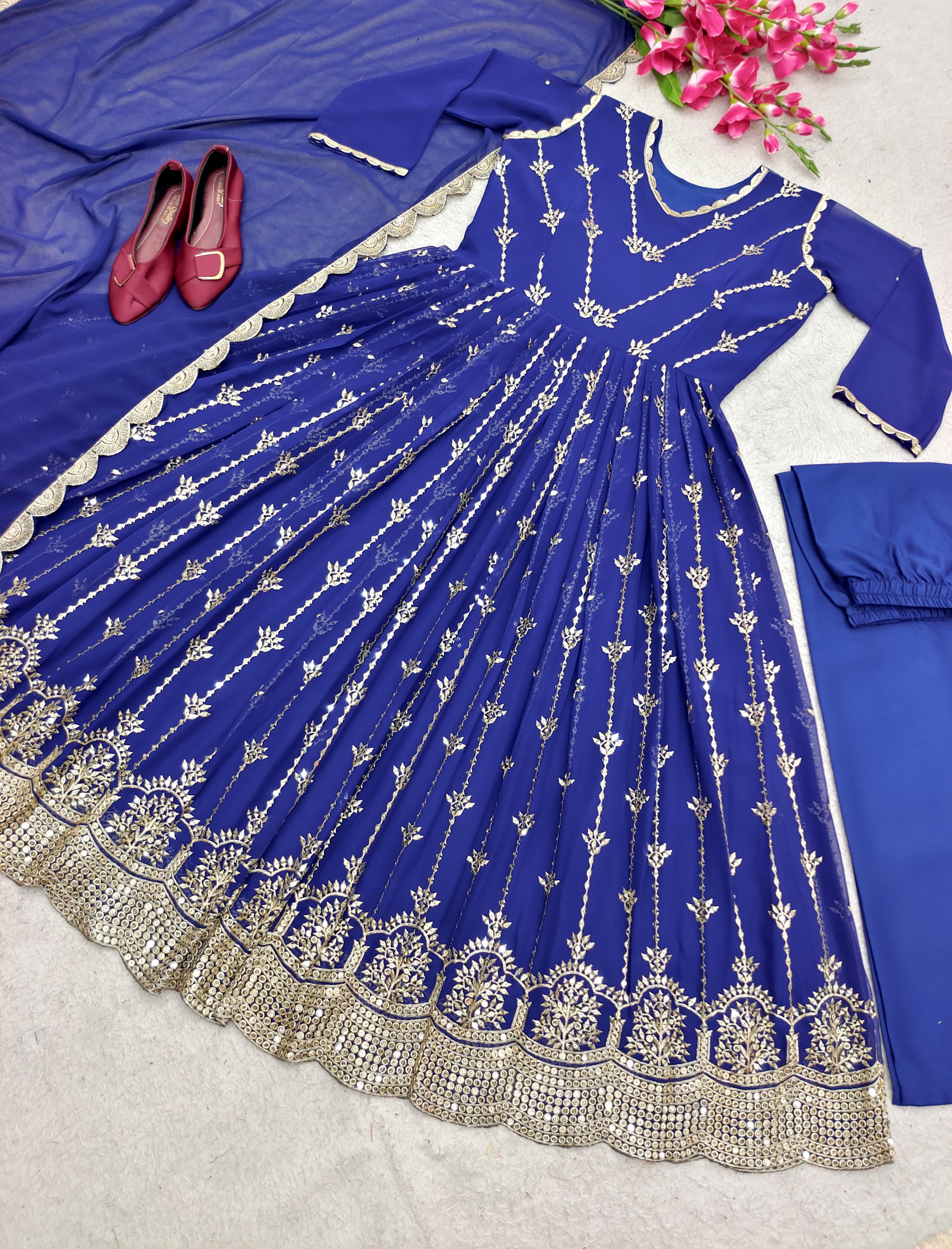 Blue Color Anarkali Gown With Heavy Embroidery Sequence Work