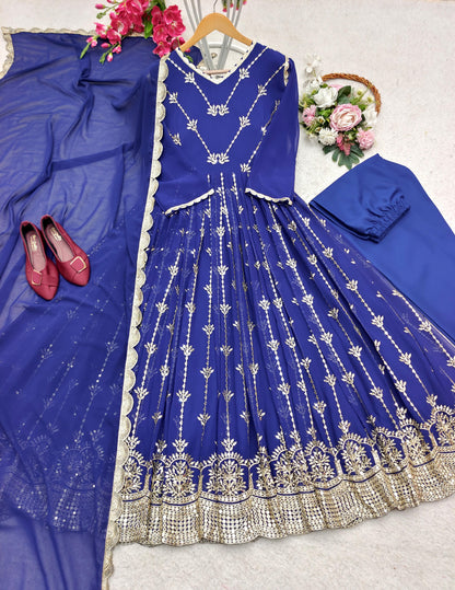 Blue Color Anarkali Gown With Heavy Embroidery Sequence Work