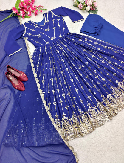 Blue Color Anarkali Gown With Heavy Embroidery Sequence Work