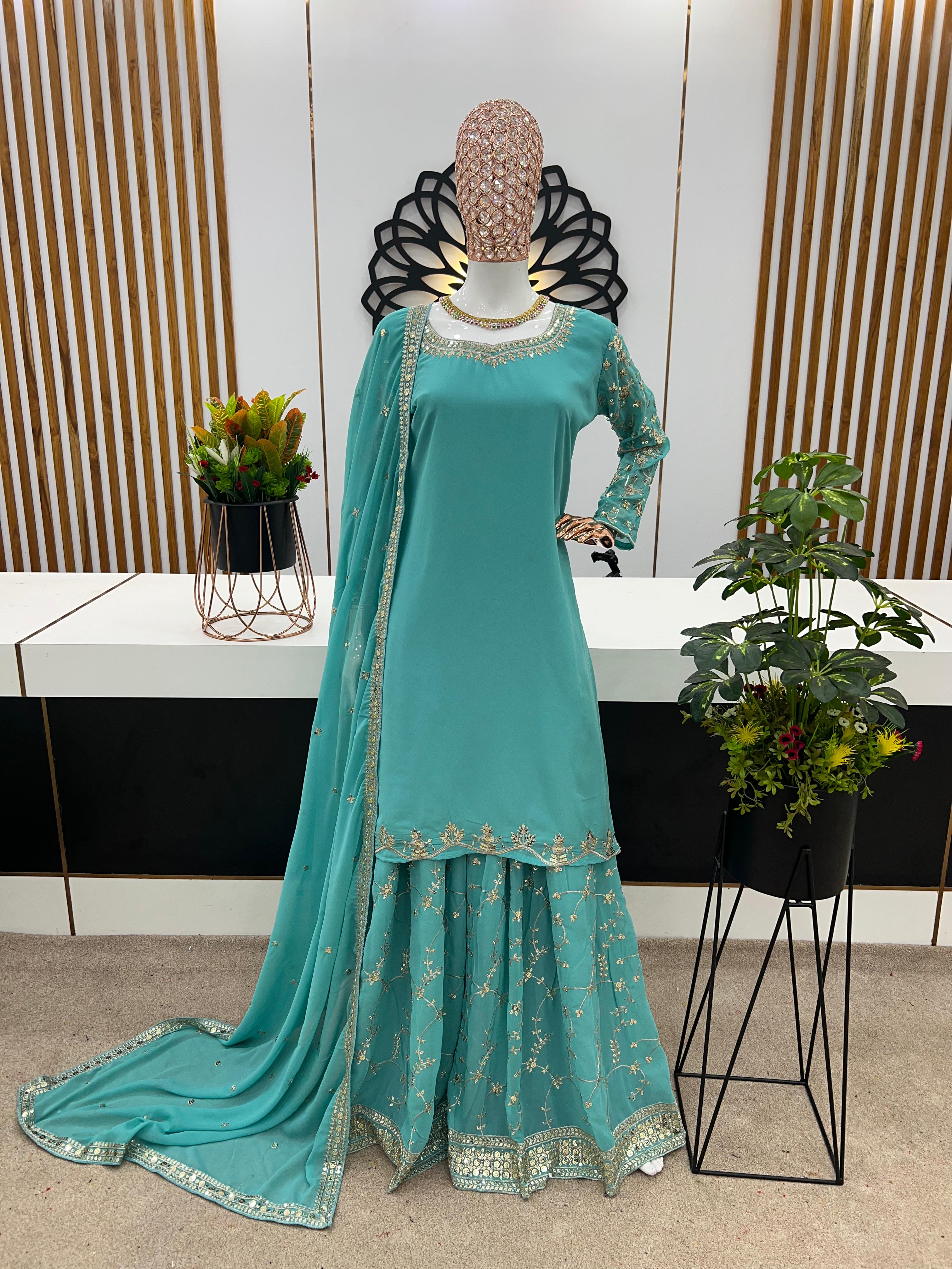 Aqua Green Color Sequence Embroidery Sharara Suit