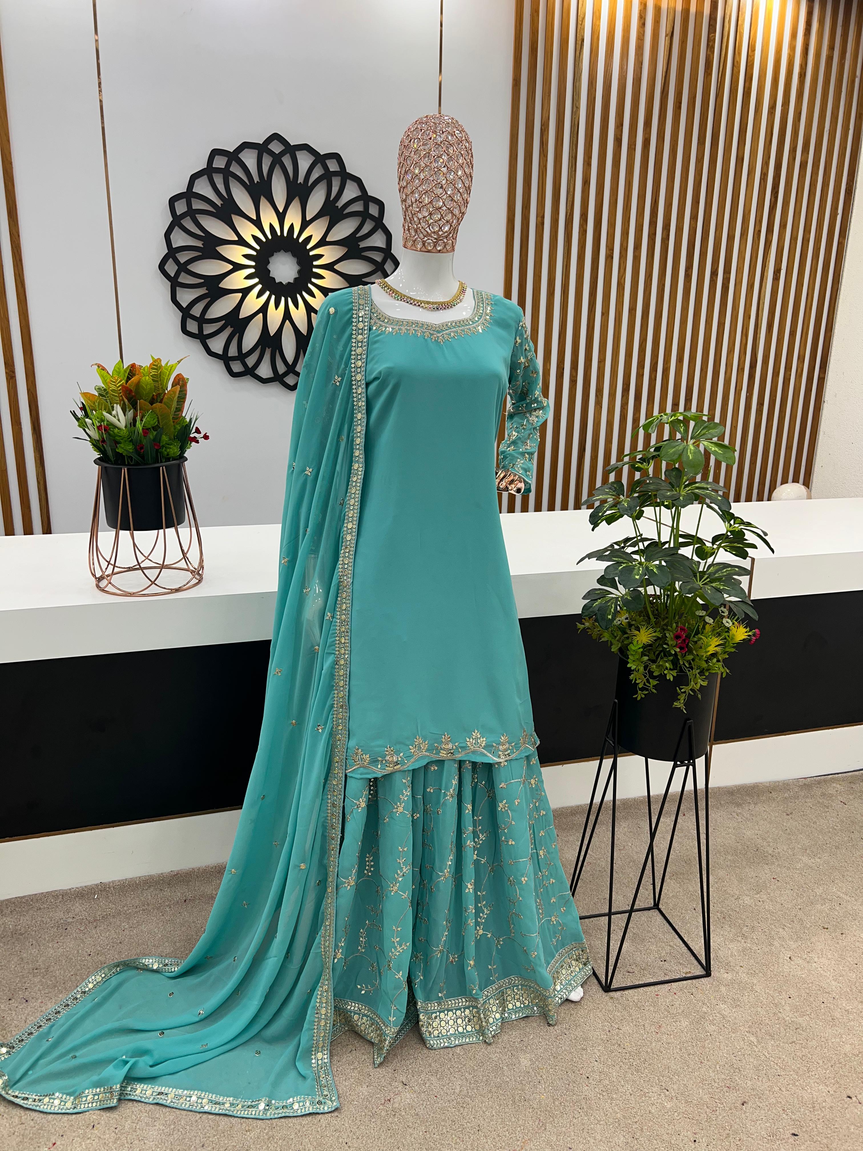 Aqua Green Color Sequence Embroidery Sharara Suit