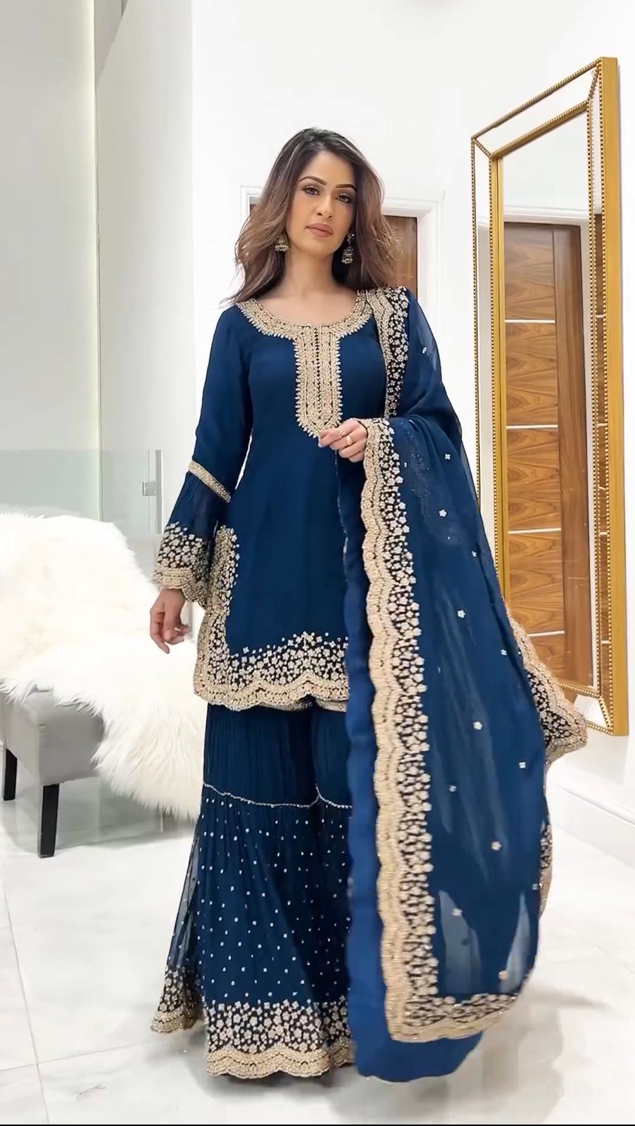 Latest Embroidery Work Blue Color Sharara Suit