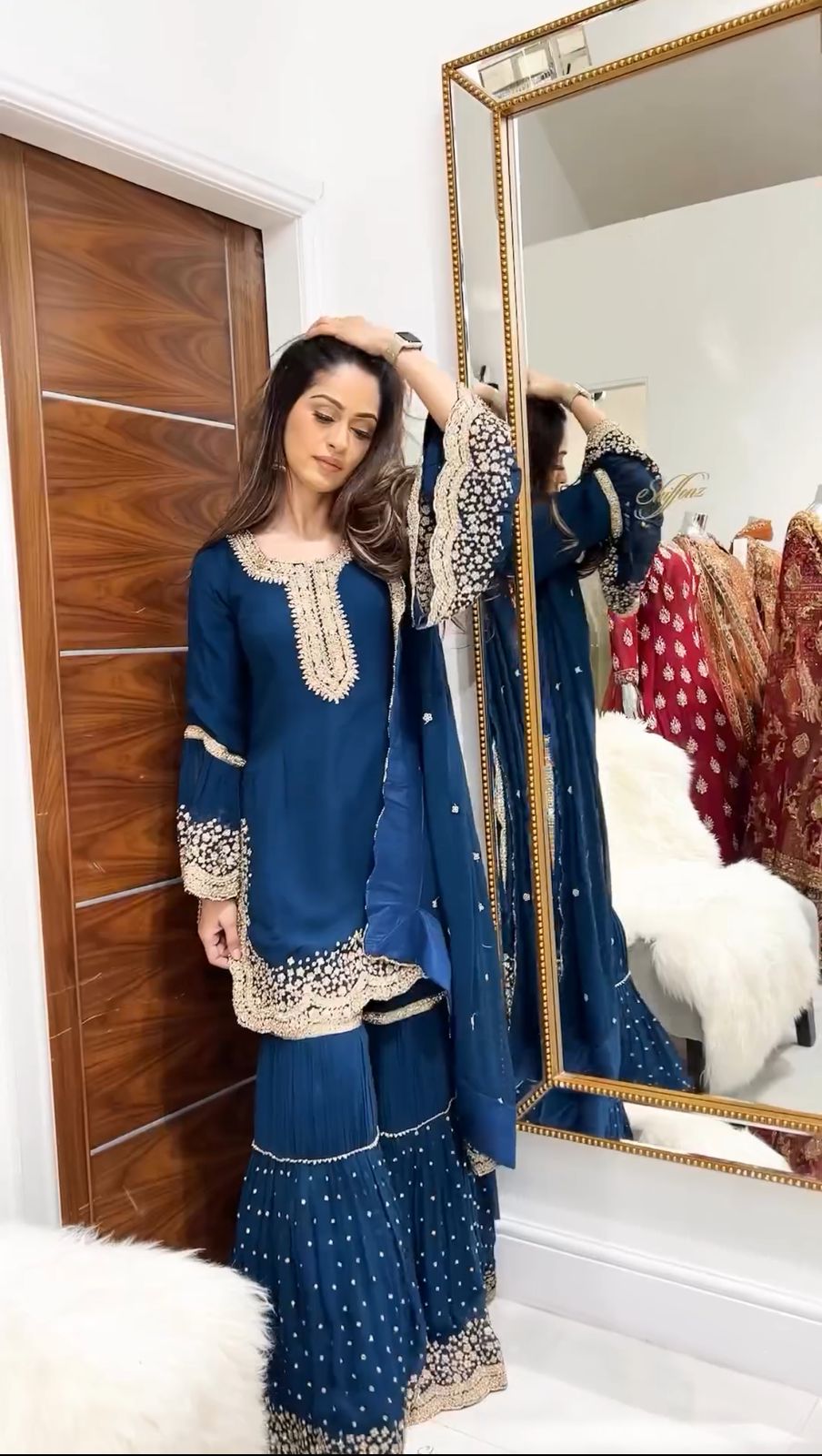 Latest Embroidery Work Blue Color Sharara Suit