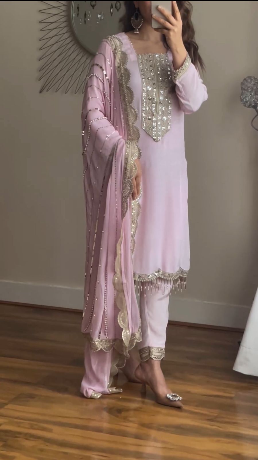 Light Pink Heavy Embroidery Sequence Work Kurti Pant With Dupatta